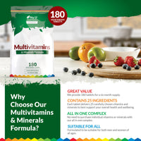 Multivitamin Tablets for Men & Women - 180 Tablets - 6 Month Supply - 25 A-Z Multivitamins & Minerals Including Iron, Zinc & Vitamin D - One a Day - Made in The UK - Nu U Nutrition