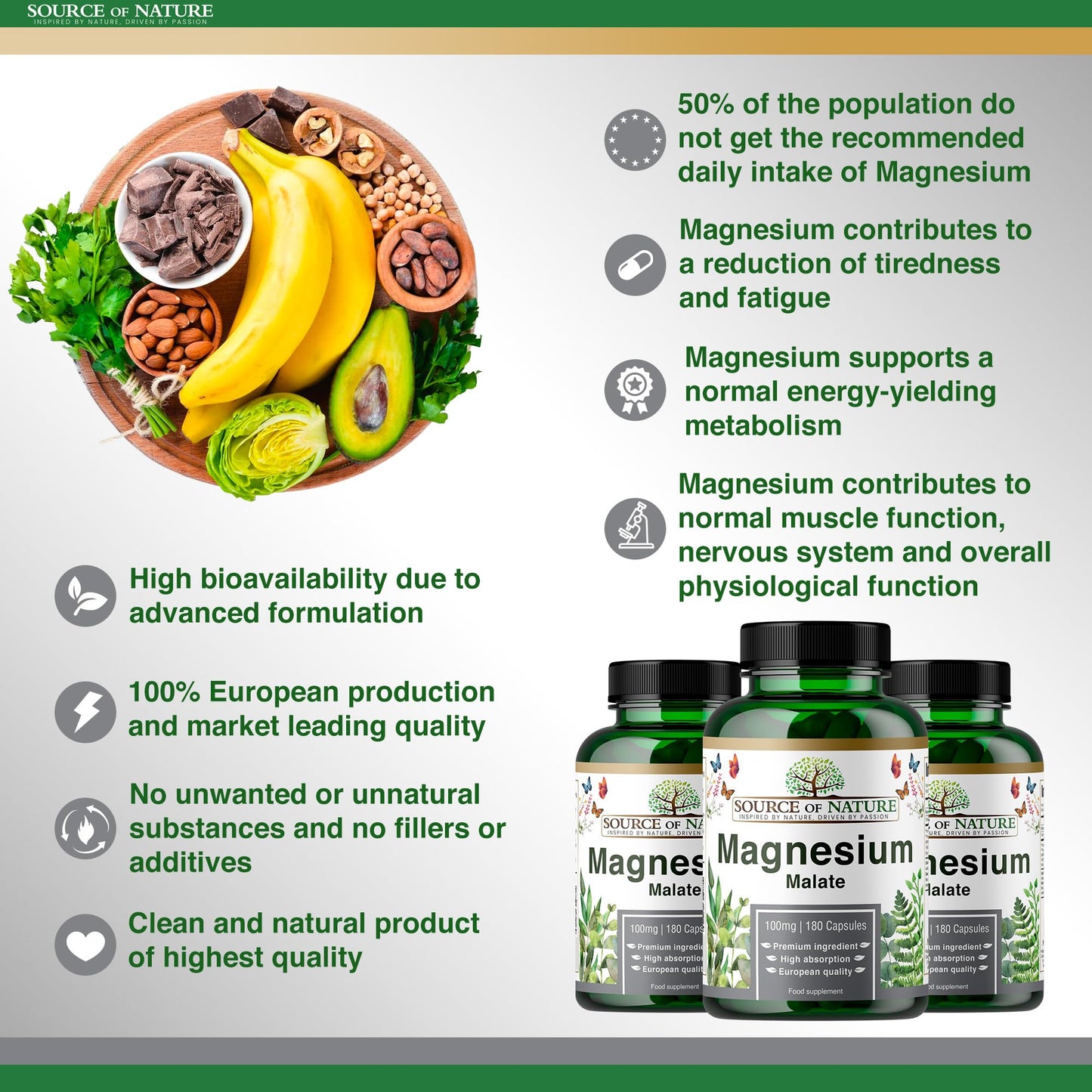 Source of Nature® | Magnesium Malate 645mg | 180 Capsules | 2-Month Supply | 100mg Elemental | High Bioavailability | Easy on The Stomach | Laboratory Tested