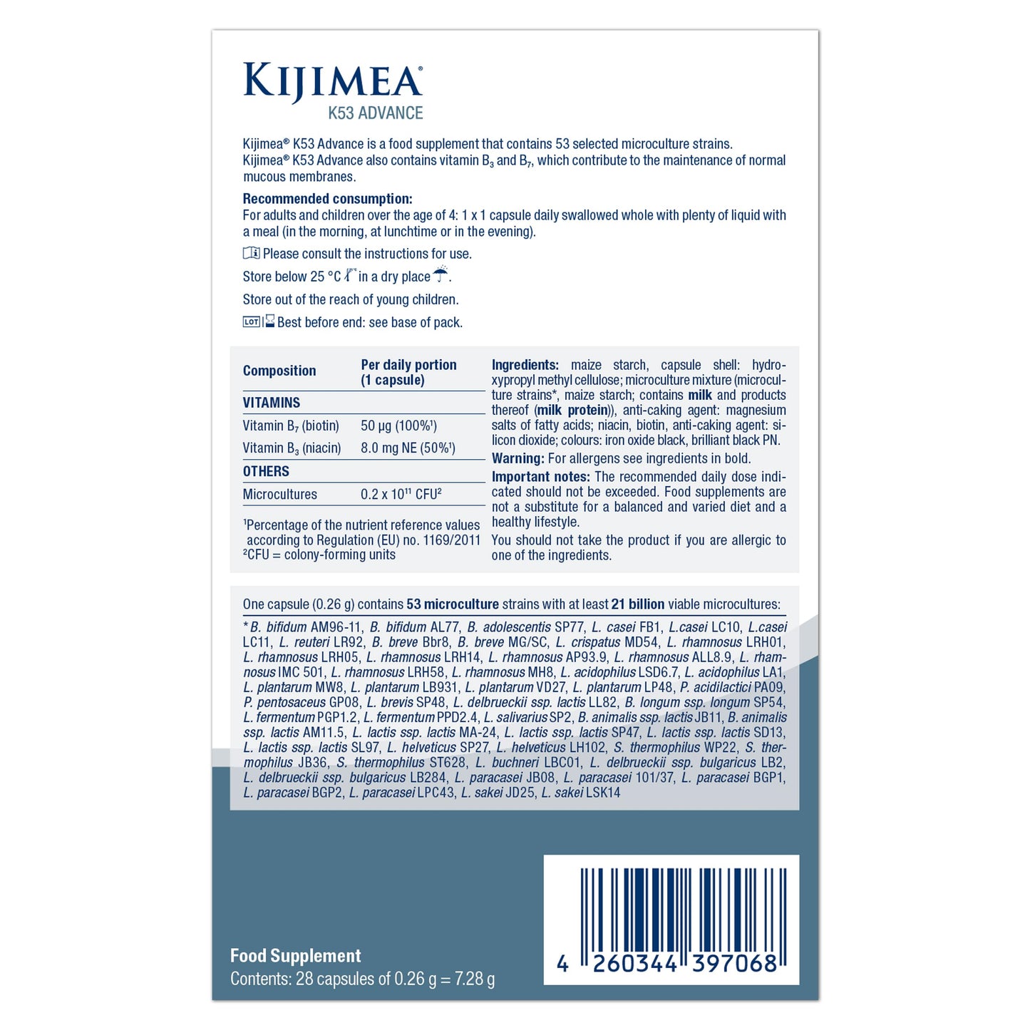 KIJIMEA Kijimea® K53 Advance – High-Dose microculture strains | 53 Strains of Intestinal Bacteria | Enriched with Vitamin B3 and B7 | >500 Billion CFU per Pack | Lactose-Free, Gluten-Free | 28 Capsules