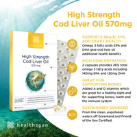 healthspan Healthspan Cod Liver Oil 570mg | Support Your Brain, Heart, Eyes & Bones | 150mg Omega 3 Fatty acids per Capsule (360 Capsules)