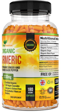 Vita Premium Organic Turmeric Curcumin with Organic Ginger and Organic Black Pepper - 180 Vegan Capsules (up to 6 Month Supply) - High Strength Tumeric Herbal Supplement