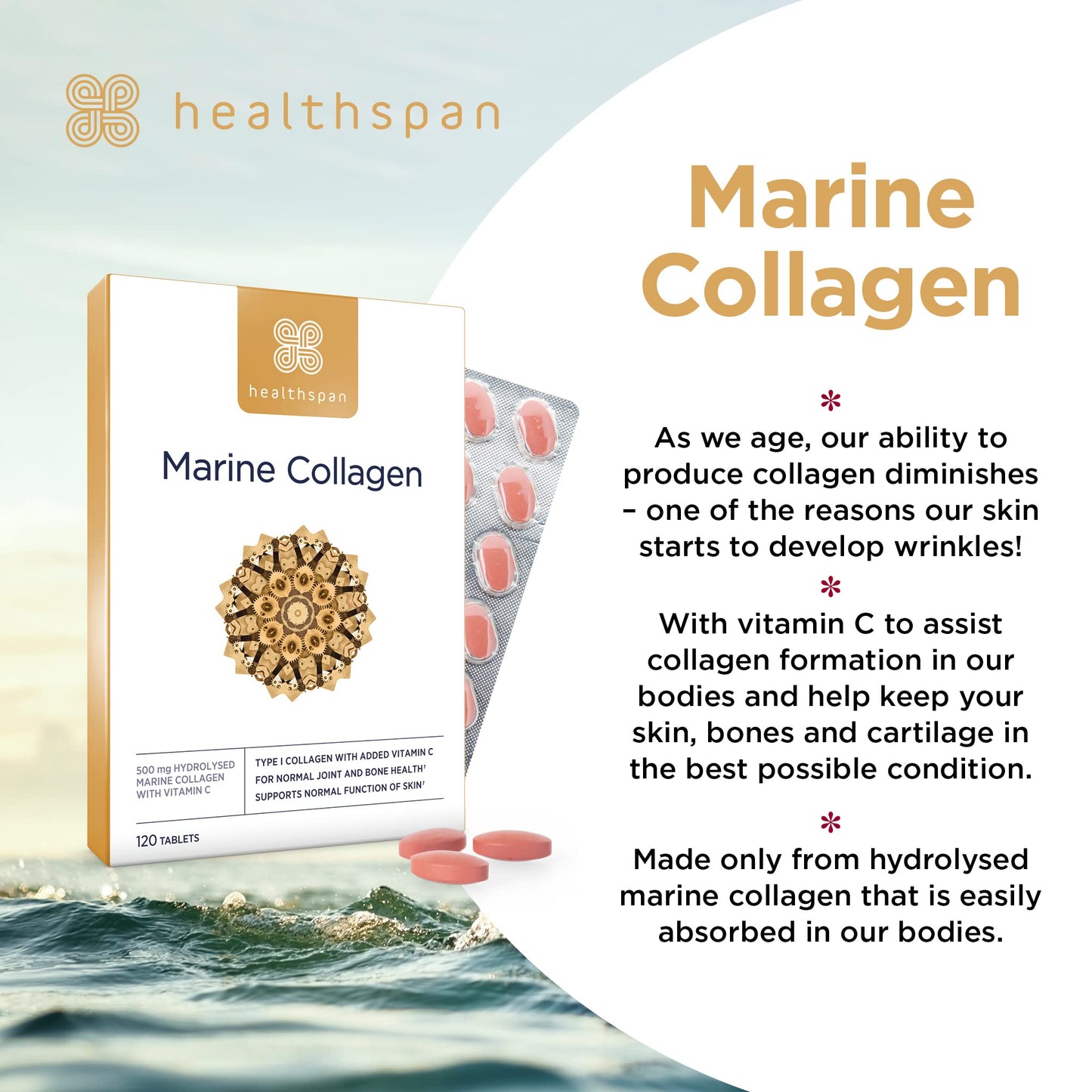 healthspan Healthspan Marine Collagen 500mg (120 Tablets) | Hydrolysed Type I Marine Collagen | Support Your Skin, Bones & Joints | Added Benefits for Skin & Beauty | with Vitamin C