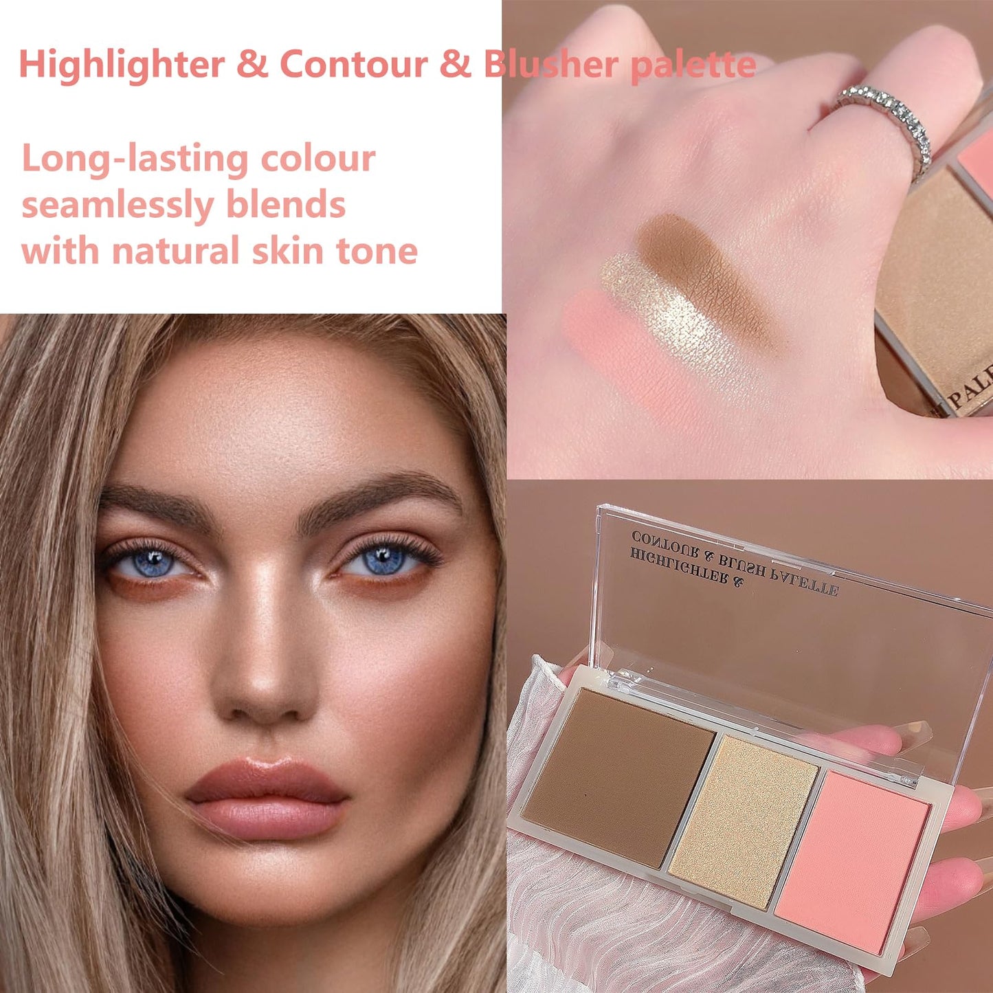 OKAQEE 3 In 1 Highlighter & Contour & Blusher Palette - Long-Lasting Powder Baked Makeup Set - Versatile Highlighter Makeup Palette for Shaping & Glowing Effect - Smooth Blush Glow Matte Natrual Makeup