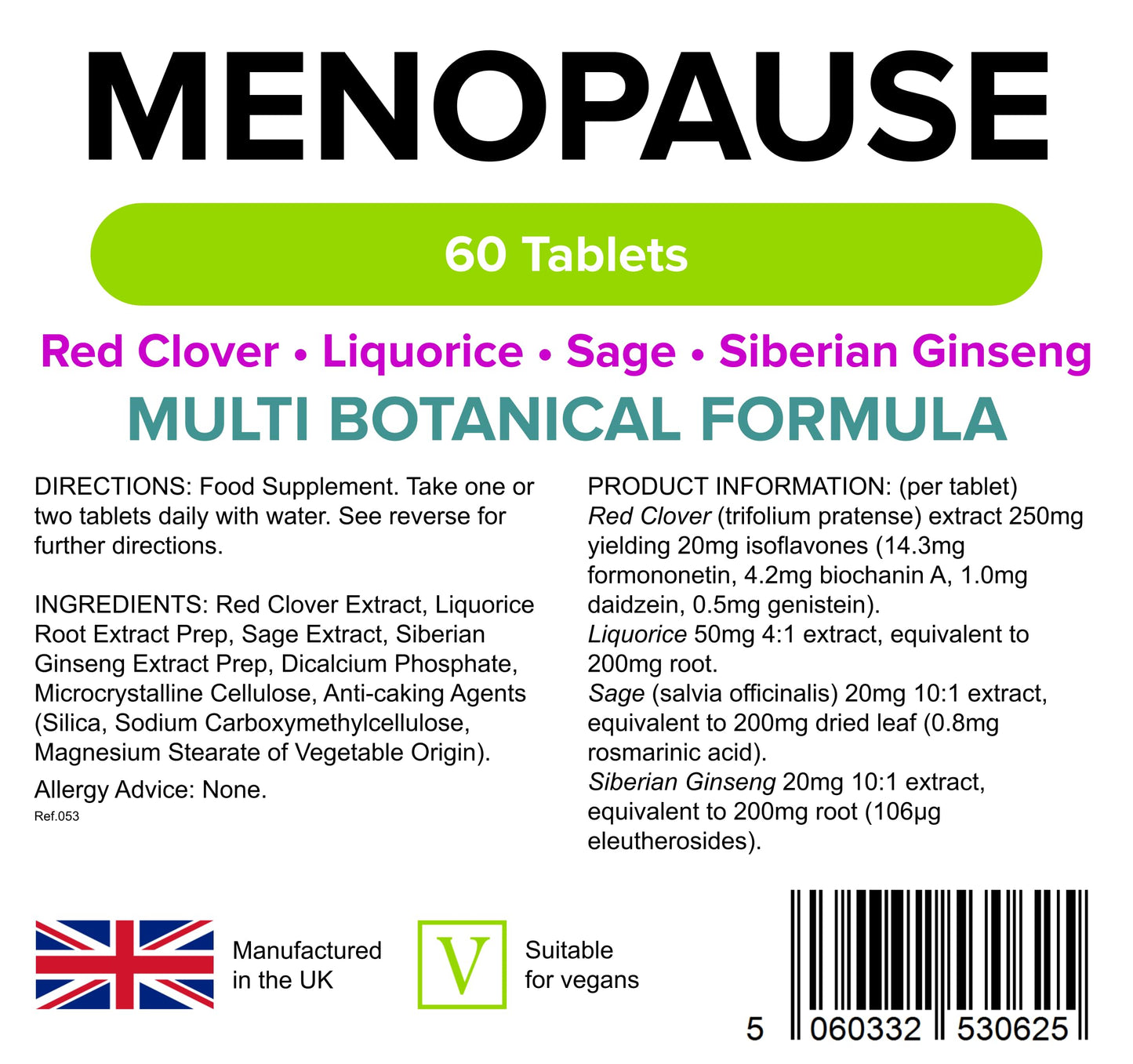 Lindens Menopause Formula 60 Tablets - Multi Botanical Formula Including Red Clover, Liquorice, Sage and Siberian Ginseng - Supports with Menopausal Symptoms and Promote Wellbeing & Vitality