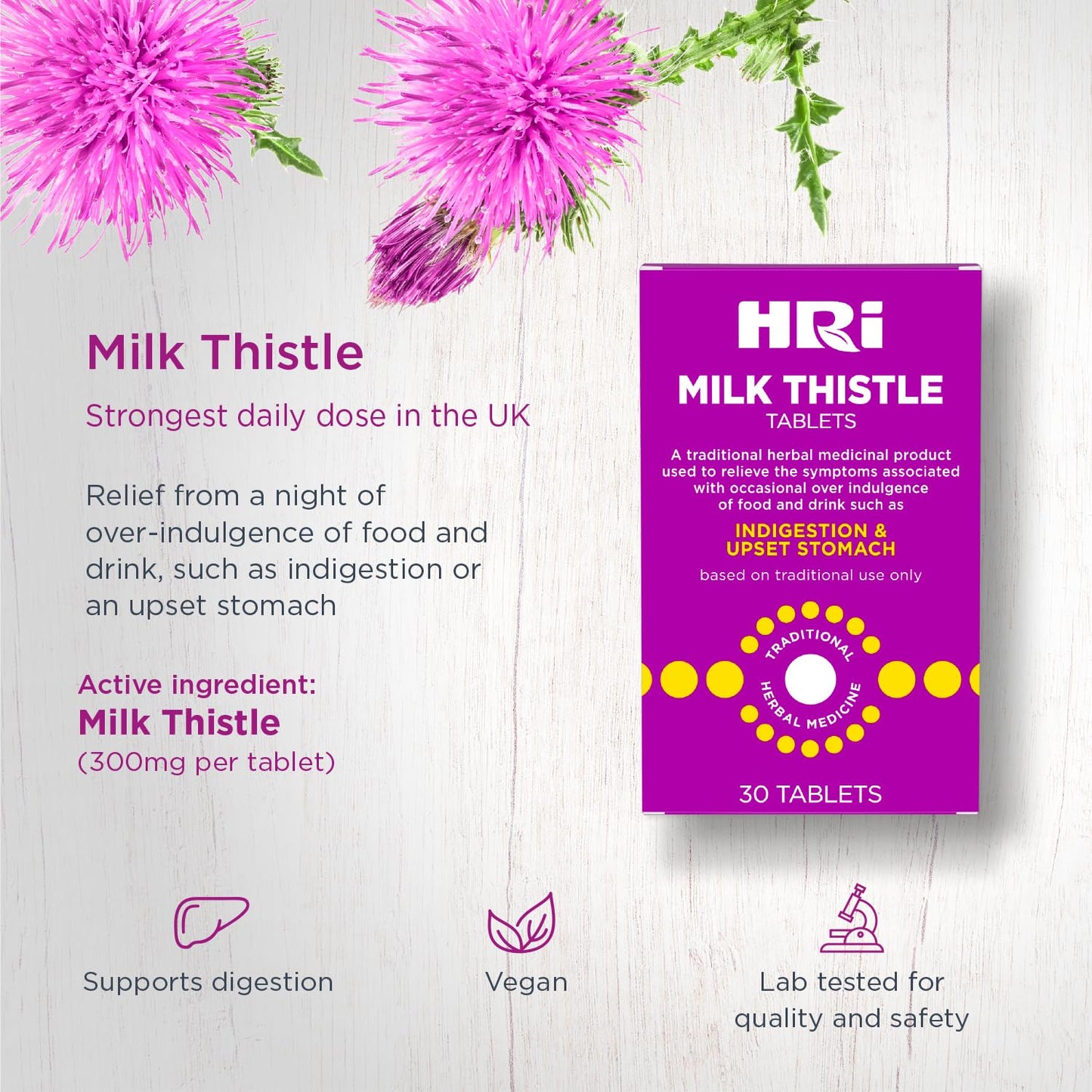HRI Milk Thistle 30 Tablets - to Relieve Symptoms Associated with Over Indulgence of Food and Drink Such As Indigestion and Upset Stomach. 300 mg of Milk Thistle Extract. 6 Packs