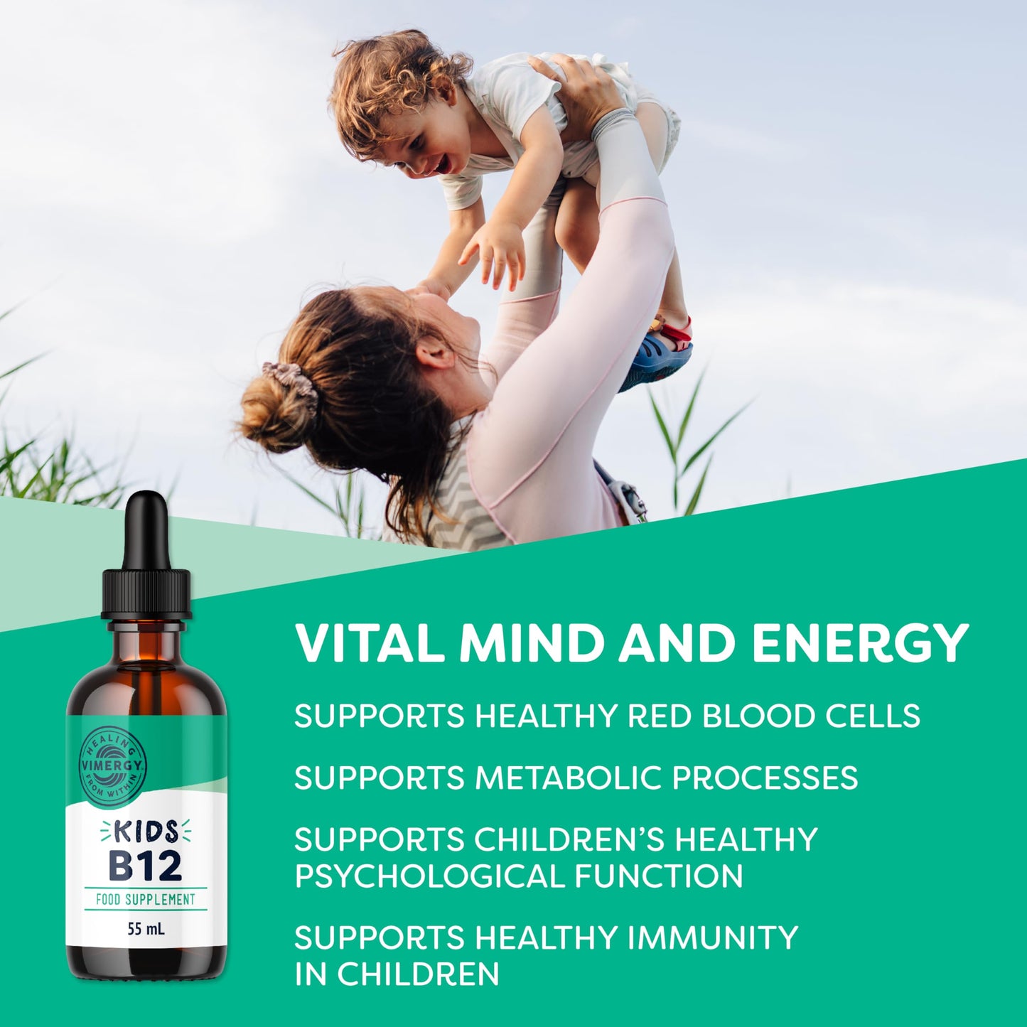 Vimergy Kids Vitamin B12 – Fast Absorbing Liquid Kids Vitamin B12 – No Sugar & Alcohol-Free – Supports Brain Function, Energy Production, Nervous System – No Sugar, Gluten Free, & Paleo (55 ml)