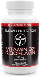 Vitamin B2 Riboflavin 250 mg Capsules - 70 pcs (2+ Month Supply) of Rapidly Disintegrating Capsules, Each with 250mg of Premium Quality & Pure Riboflavin Powder, by TUDIMO