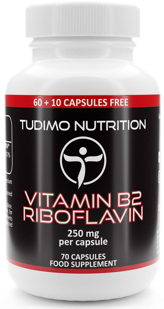 Vitamin B2 Riboflavin 250 mg Capsules - 70 pcs (2+ Month Supply) of Rapidly Disintegrating Capsules, Each with 250mg of Premium Quality & Pure Riboflavin Powder, by TUDIMO