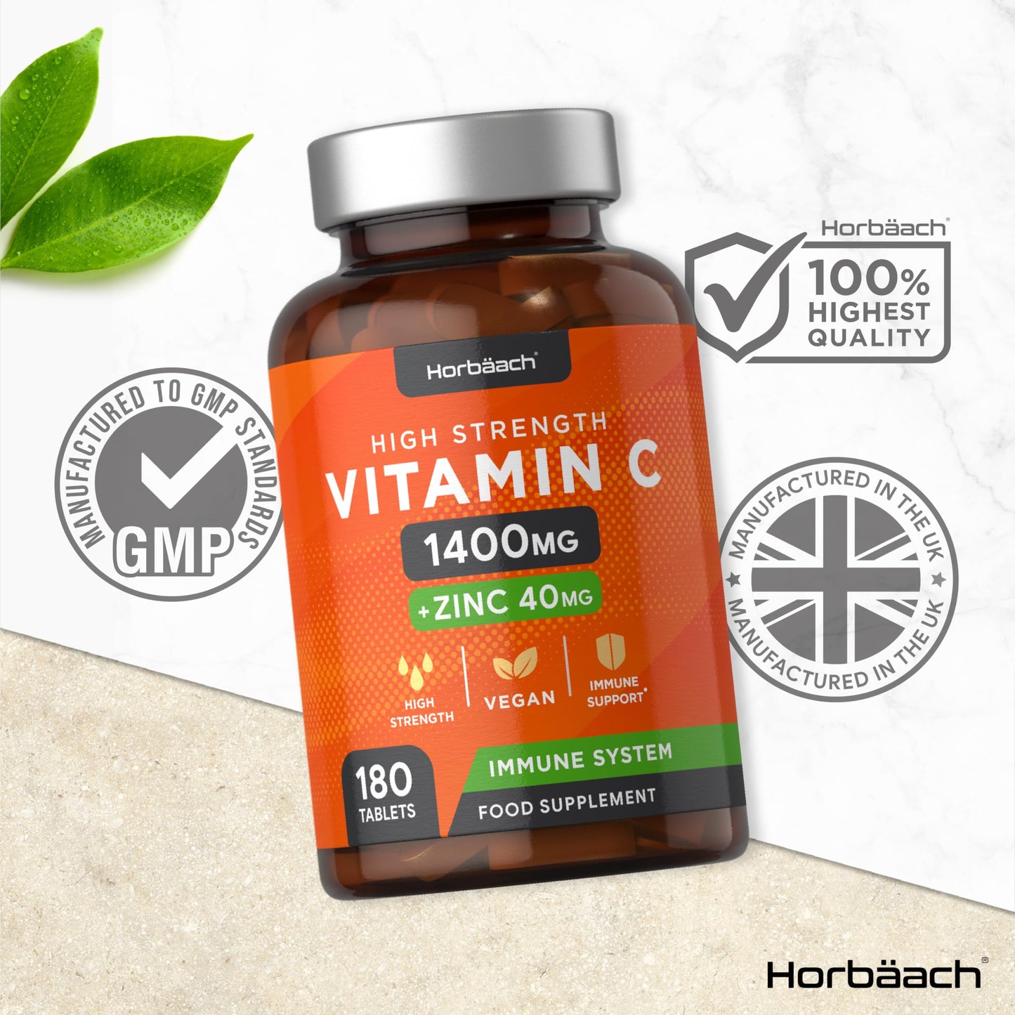 Vitamin C and Zinc | 180 Vegan Tablets | High Strength Vitamin C 1400mg and Zinc 40mg | Immune System Support | by Horbaach