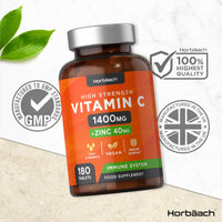 Vitamin C and Zinc | 180 Vegan Tablets | High Strength Vitamin C 1400mg and Zinc 40mg | Immune System Support | by Horbaach