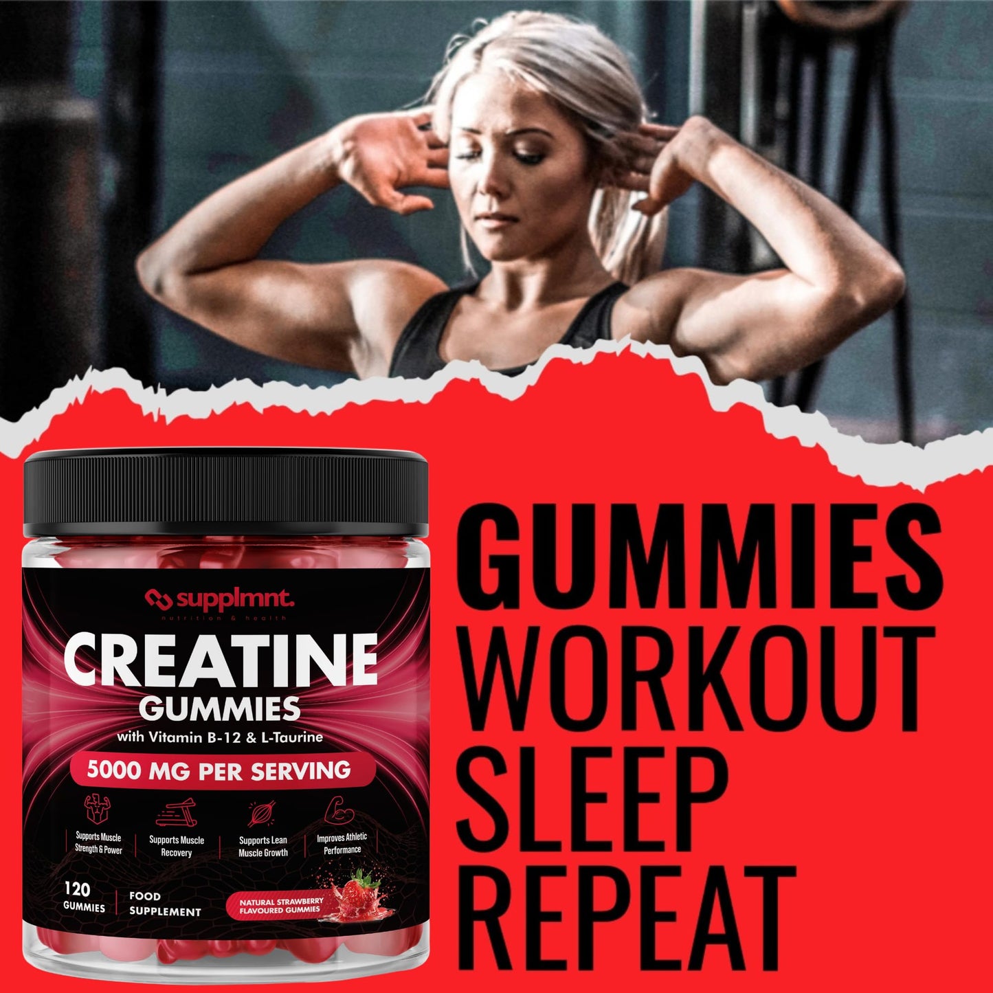 Creatine 120 Gummies Max 5000mg for Men & Women Creatine Monohydrate Plus B12 and L-Taurine Chewable Gummies, Strawberry Flavour 1 Month Supply (1 Count (Pack of 120), Strawberry)