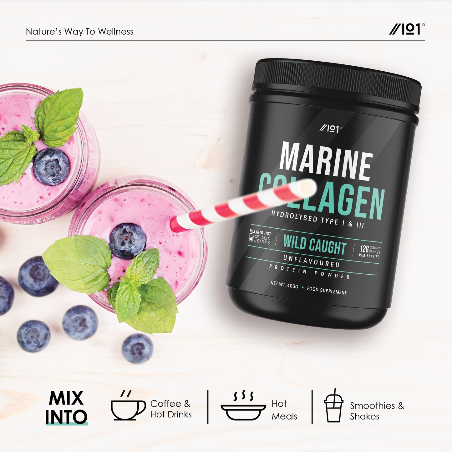 Marine Collagen Powder Supplement - Wild-Caught Canadian Marine Collagen - Unflavoured - Types 1 & 3 Collagen Peptides - Hydrolysed Deep Ocean Canadian Source. Non GMO, Gluten Free, Halal. 400g