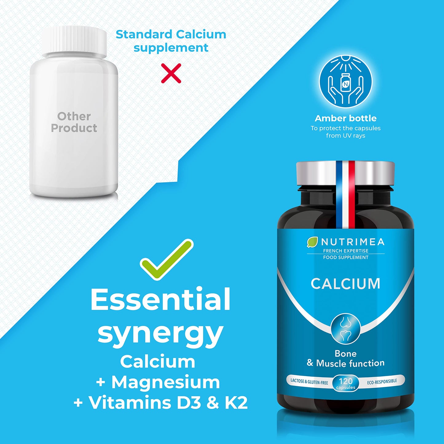 Calcium Magnesium Vitamin D3 & K2 | 120 Vegetarian Capsules | Bone Health Complex | Strengthens Bones and Muscles | Supports Bone Density | French Expertise