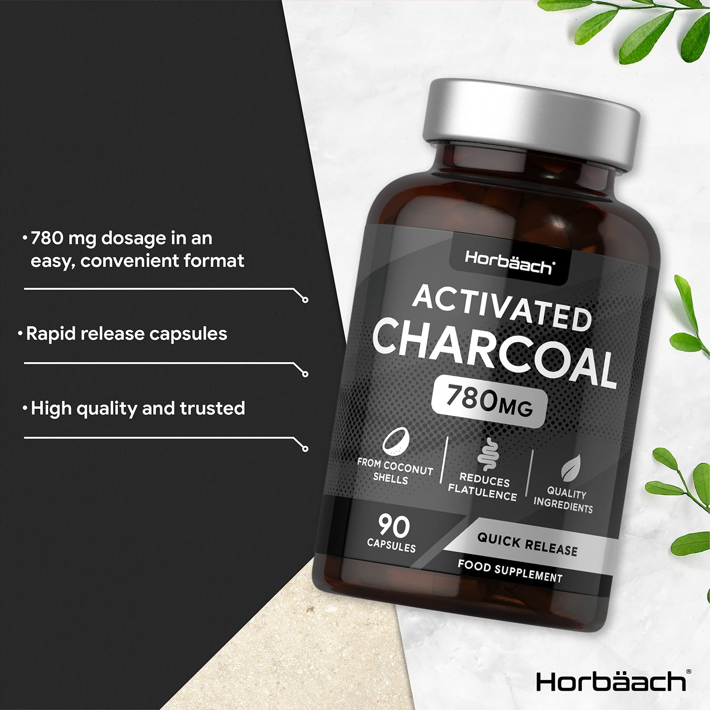 Activated Charcoal Capsules | High Strength 780mg | Digestion Supplement from Natural Coconut | 90 Tablets | by Horbaach