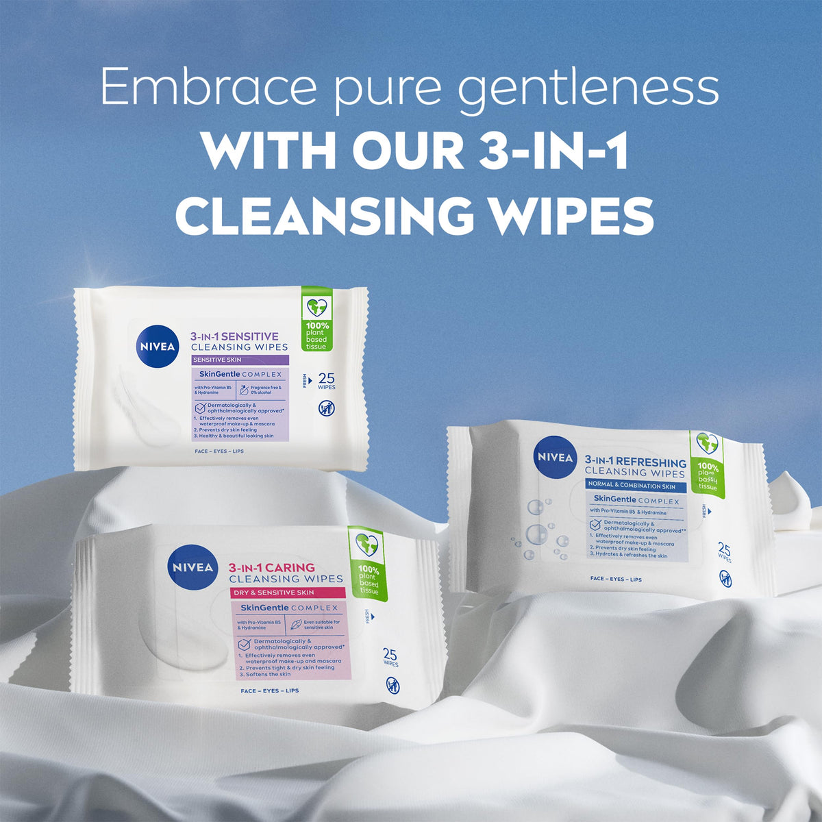 NIVEA 3in1 Sensitive Cleansing Wipes (25 Sheets), Plant-Based Makeup Remover Sheets, Face Wipes for Sensitive Skin, Gentle yet Effective Makeup Removal (Pack of 6)