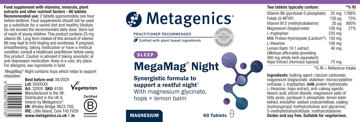 Metagenics - MegaMag Night – Magnesium Glycinate with Hops & Lemon Balm – for Evening Wellbeing – 60 Capsules