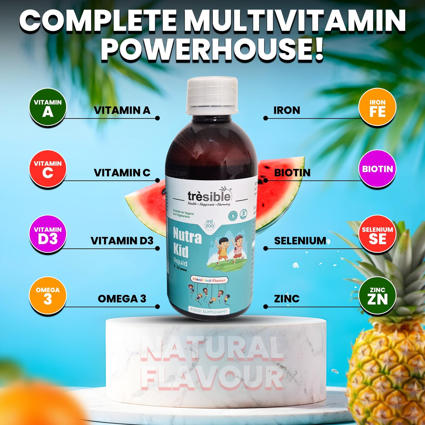 Tresible Trèsible Nutra Kids Multivitamins Liquid for Immune Support (2 to 12 Years) - Kids Vitamins with EPA, DHA and Zinc - Multivitamin for Kids, Toddlers Vitamins Age 2, Baby Vitamins with Biotin, Vegan