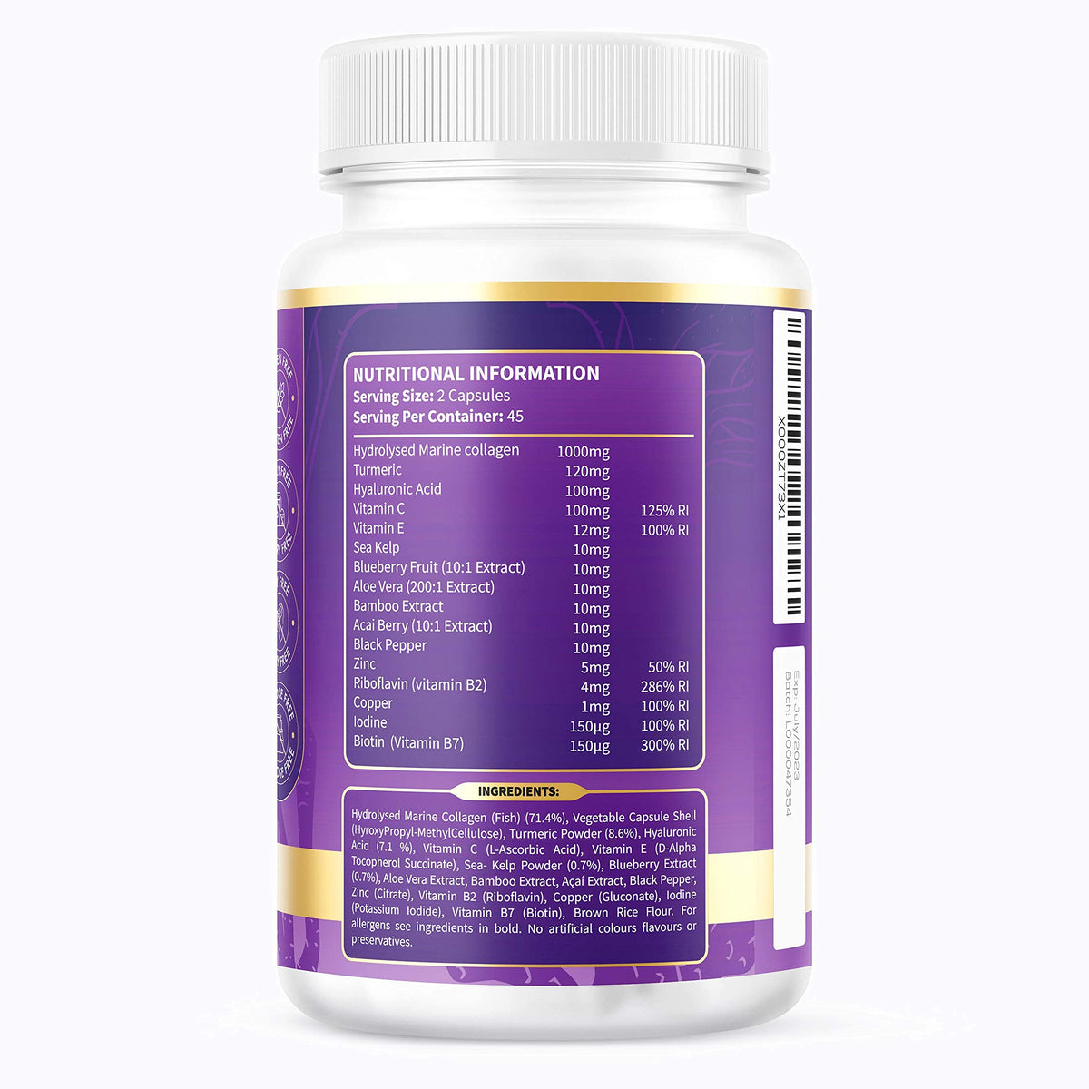 Euphoria Bliss High Strength Marine Collagen Tablets - Skin, Hair, Nails & Joints - Fortified with Hyaluronic Acid, Blueberry, Biotin, Vitamin C, E, B2, B7 & Minerals - 1400MG - Type 1 90 Capsules