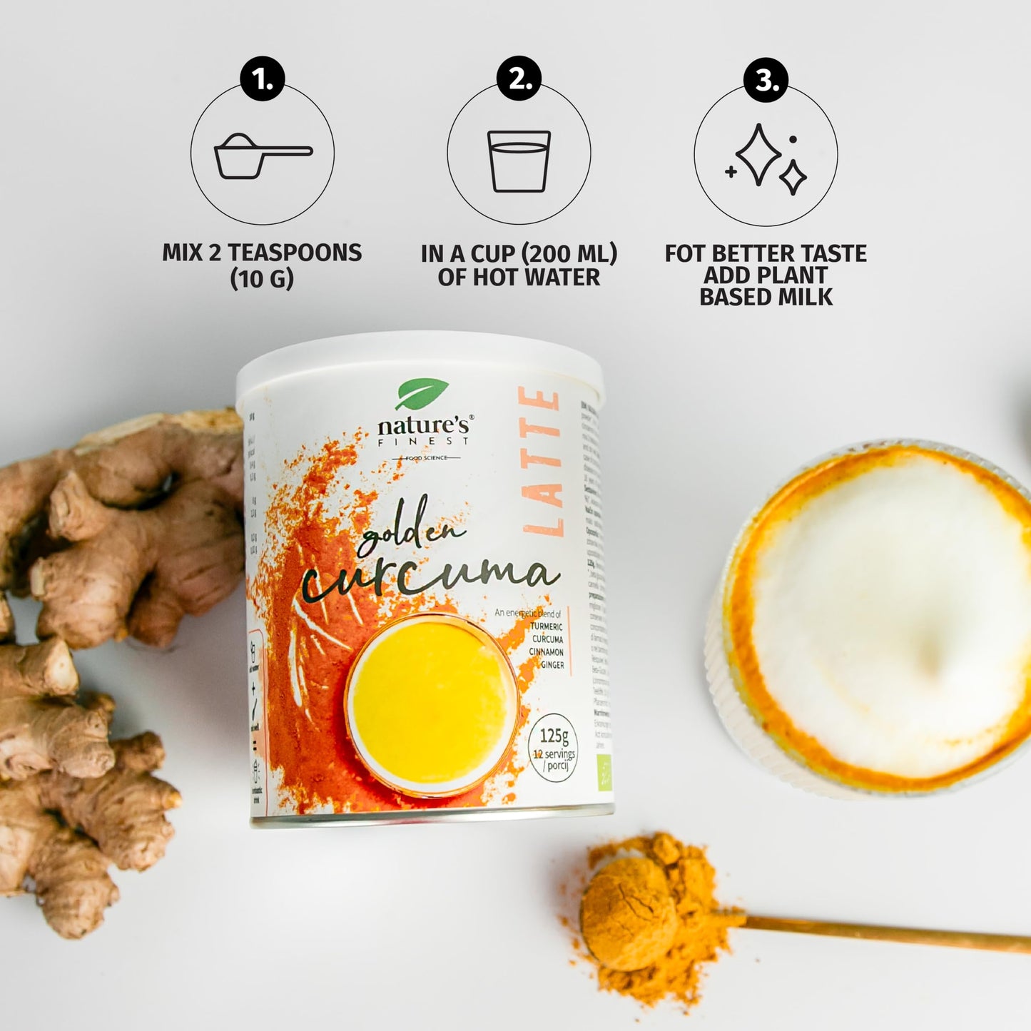 Nature's Finest by Nutrisslim Golden Curcuma Latte (125g), Delicious Turmeric Drink with Ginger and Cinnamon, Caffeine-Free, Vegan Latte Mix, 100% Organic Natural Ingredients