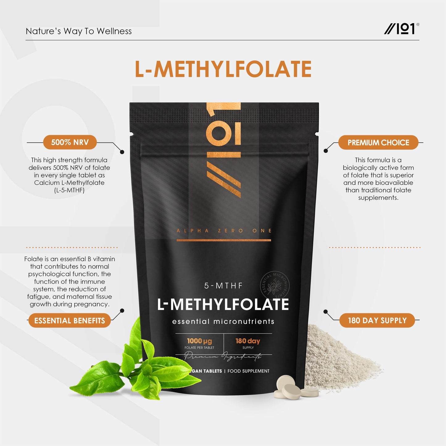 Folate (L-Methylfolate) 1000μg with BioPerine® - 180 Vegan Tablets - L-5-MTHF Active Form of Folic Acid/Vitamin B9 - Resealable and Recyclable Pouch by Alpha01