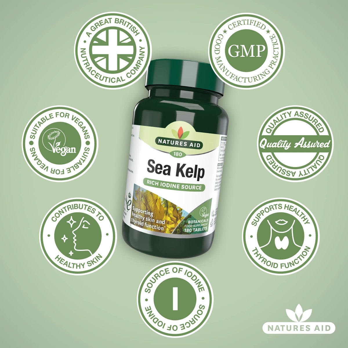Natures Aid Sea Kelp 187mg – 180 Vegan Tablets – High Strength Iodine Supplement – Supports Thyroid Function & Skin – With Calcium – Gluten Free – Natural Source – No Artificial Additives