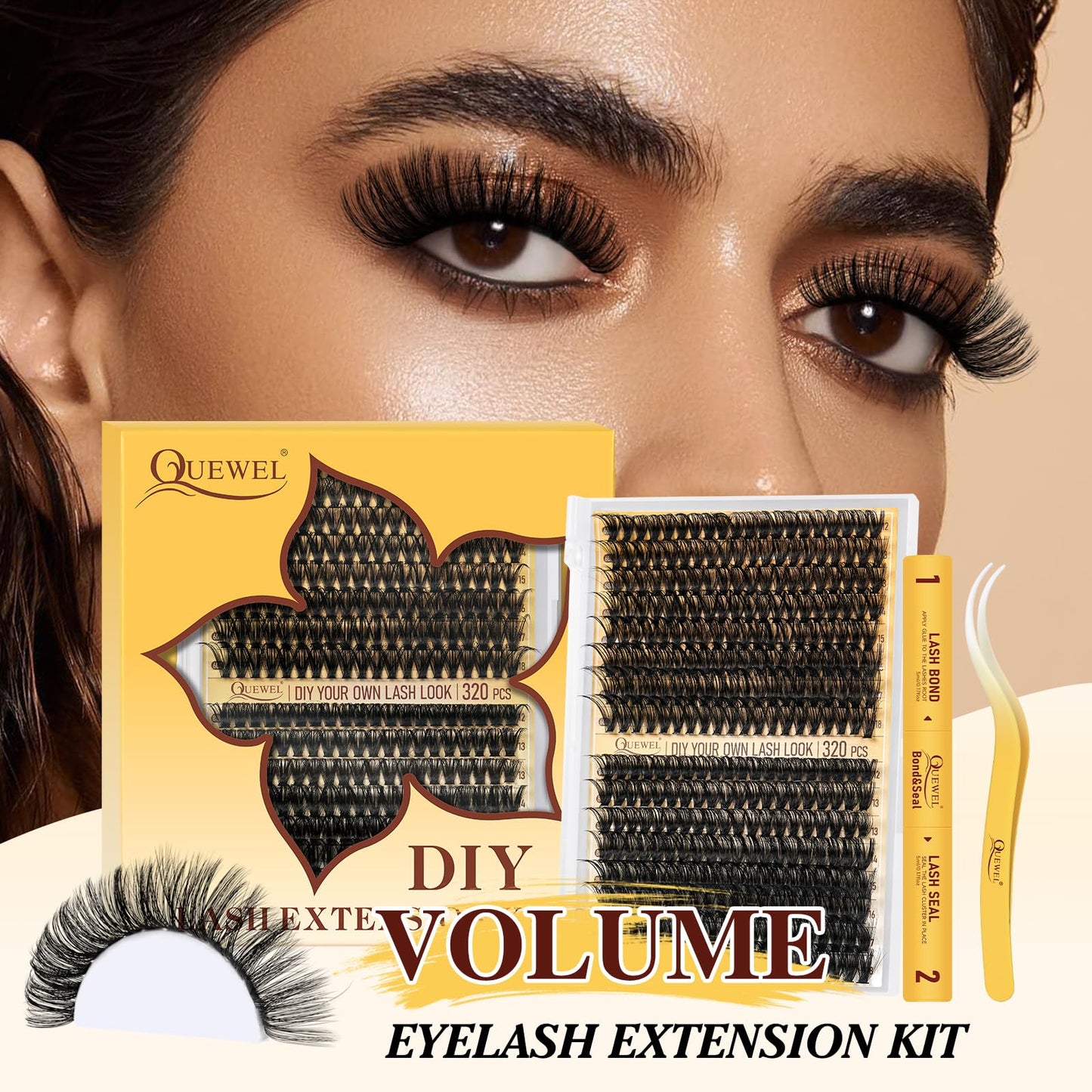 QUEWEL Lash-Clusters 320Pcs 60D+80D DIY Lash Extension Kit Mix 12-18mm Cluster-Lashes with Lash Bond and Seal and Lash Tweezer, Easily Create Thick and Charming Eyes at Home(60D+80D D MIX12-18 Kit)