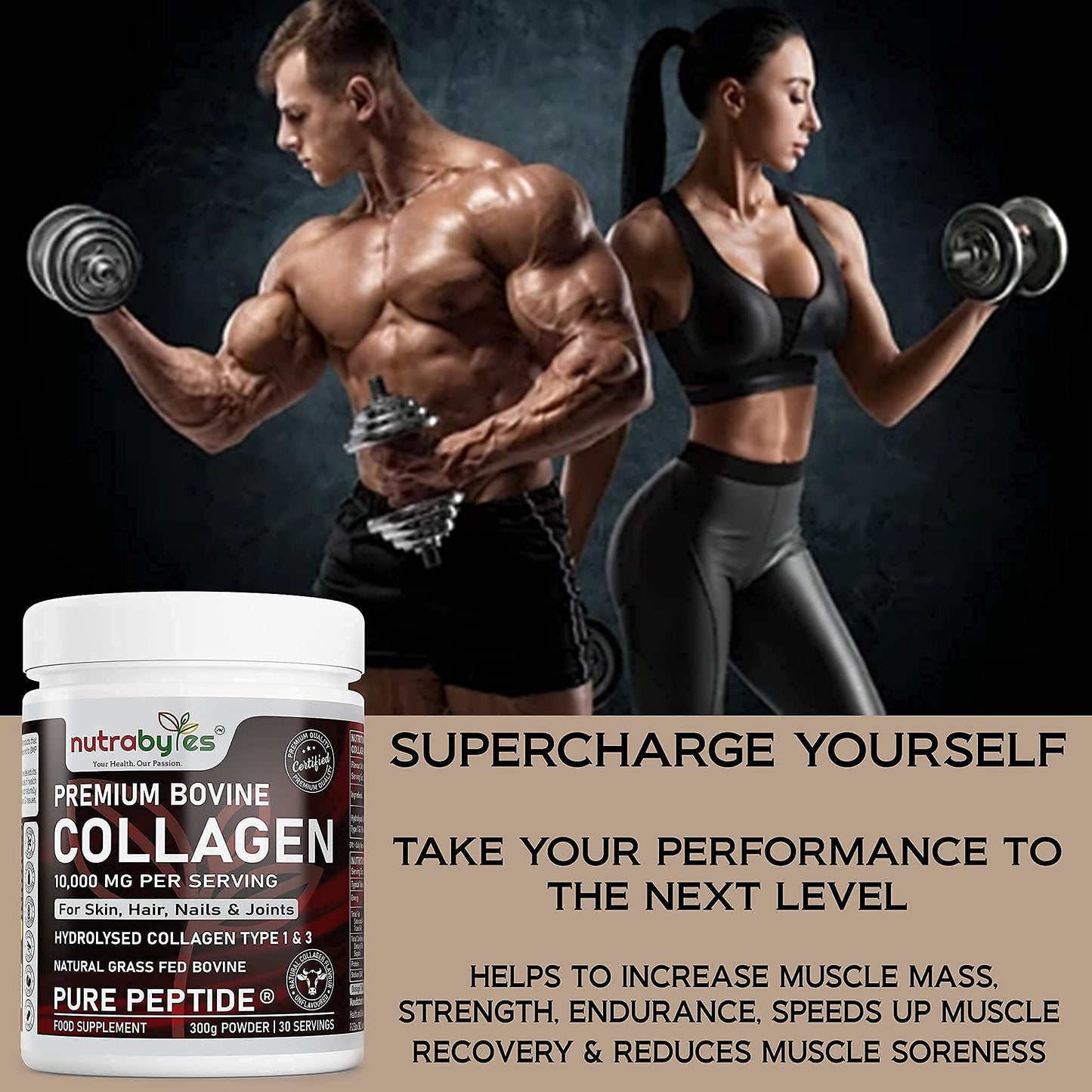 NUTRABYTES Bovine Collagen Peptides Powder 10000mg Type 1 & 3 Unflavoured|19 Amino Acids|High Strength Hydrolysed Protein for Women & Men |Kosher & Halal Certified| Healthy Skin Hair Nails Joints|Keto,Paleo