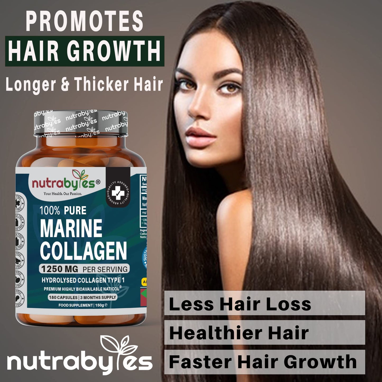 High Strength Marine Collagen Capsules - 1250mg Hydrolysed Collagen Supplement - Type 1 Hydrolysed Collagen Peptides - 180 Collagen Capsules - 3 Months Supply - Collagen Supplements for Women & Men