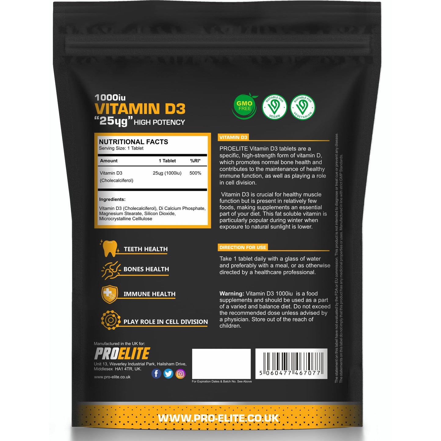 Vitamin D 1000 IU (25mcg) Vegan 365 VIT D Tablet 12 Months Supply for Maintenance of Healthy Immune System, Muscles, Bones & Teeth Vitamin D3 Cholecalciferol Made in The UK by PROELITE