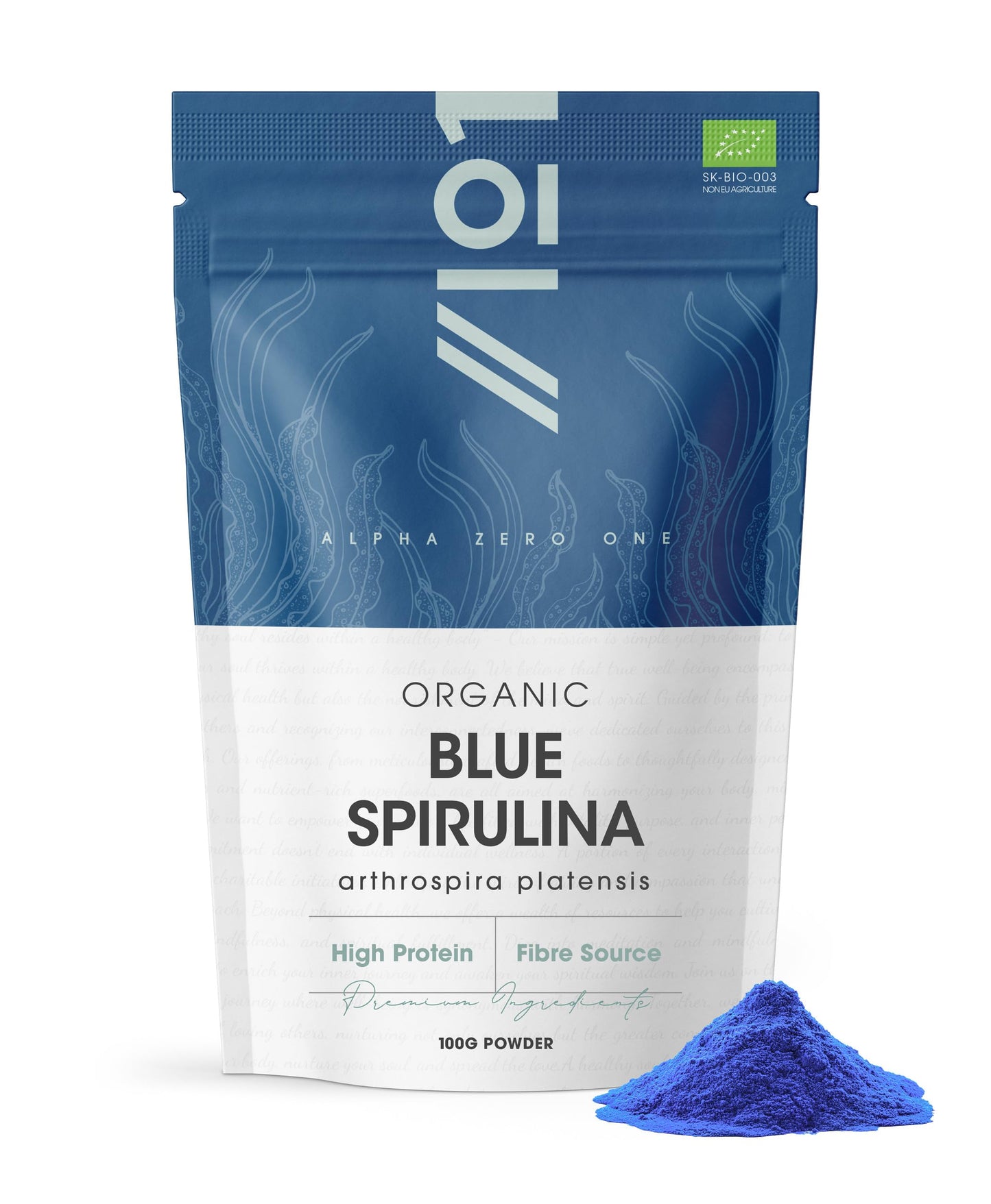 Organic Blue Spirulina Powder 100g – 100% Pure Phycocyanin – No Added Sugar – Resealable and Recyclable Pouch – by Alpha01®