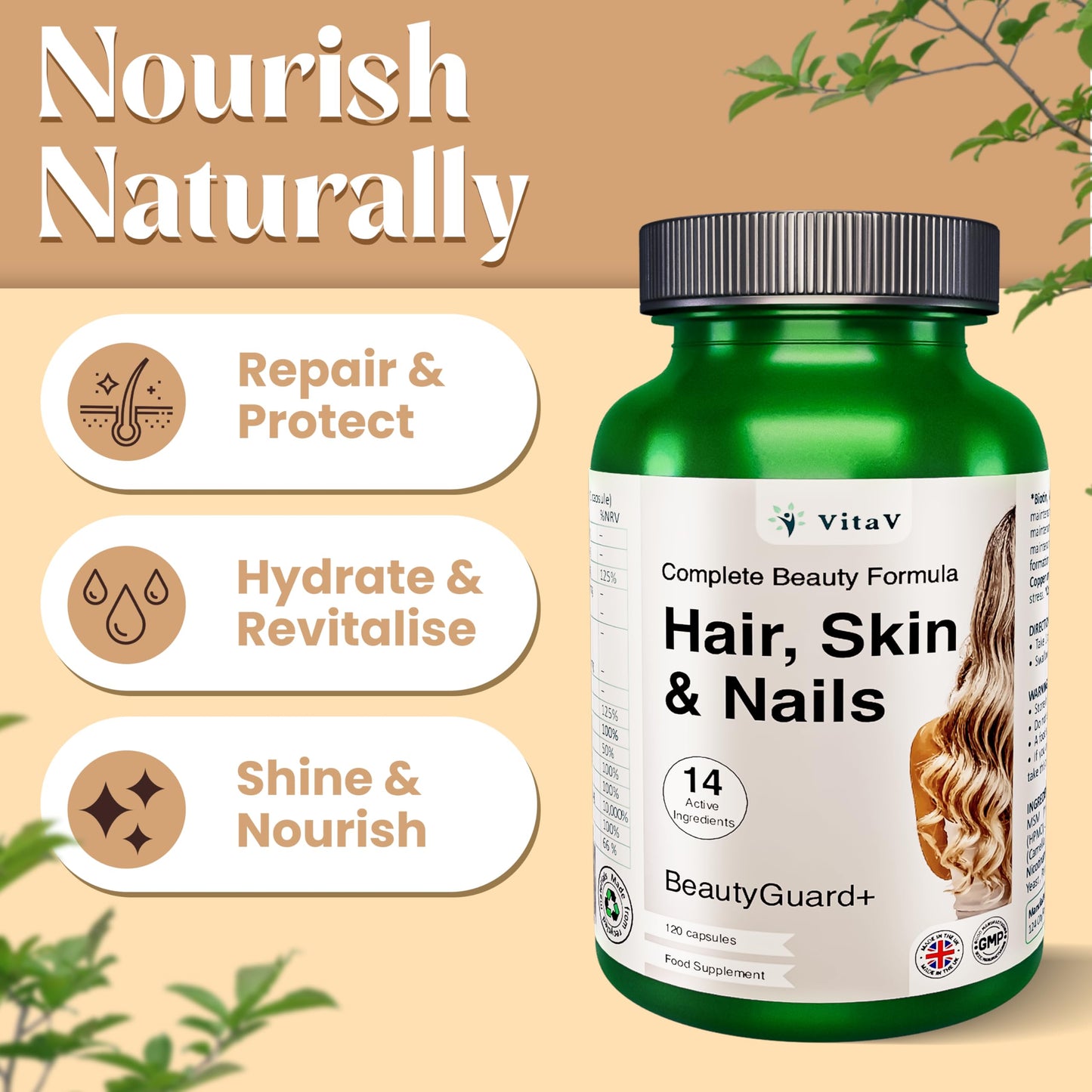 VitaV Hair Skin and Nails Vitamins | Biotin Supplements with Hyaluronic Acid MSM Silica Selenium Zinc Supplements Biotin Hair Growth Vitamins Beauty Formula Hair Vitamins Nail Care Hair Repair Multivitamin