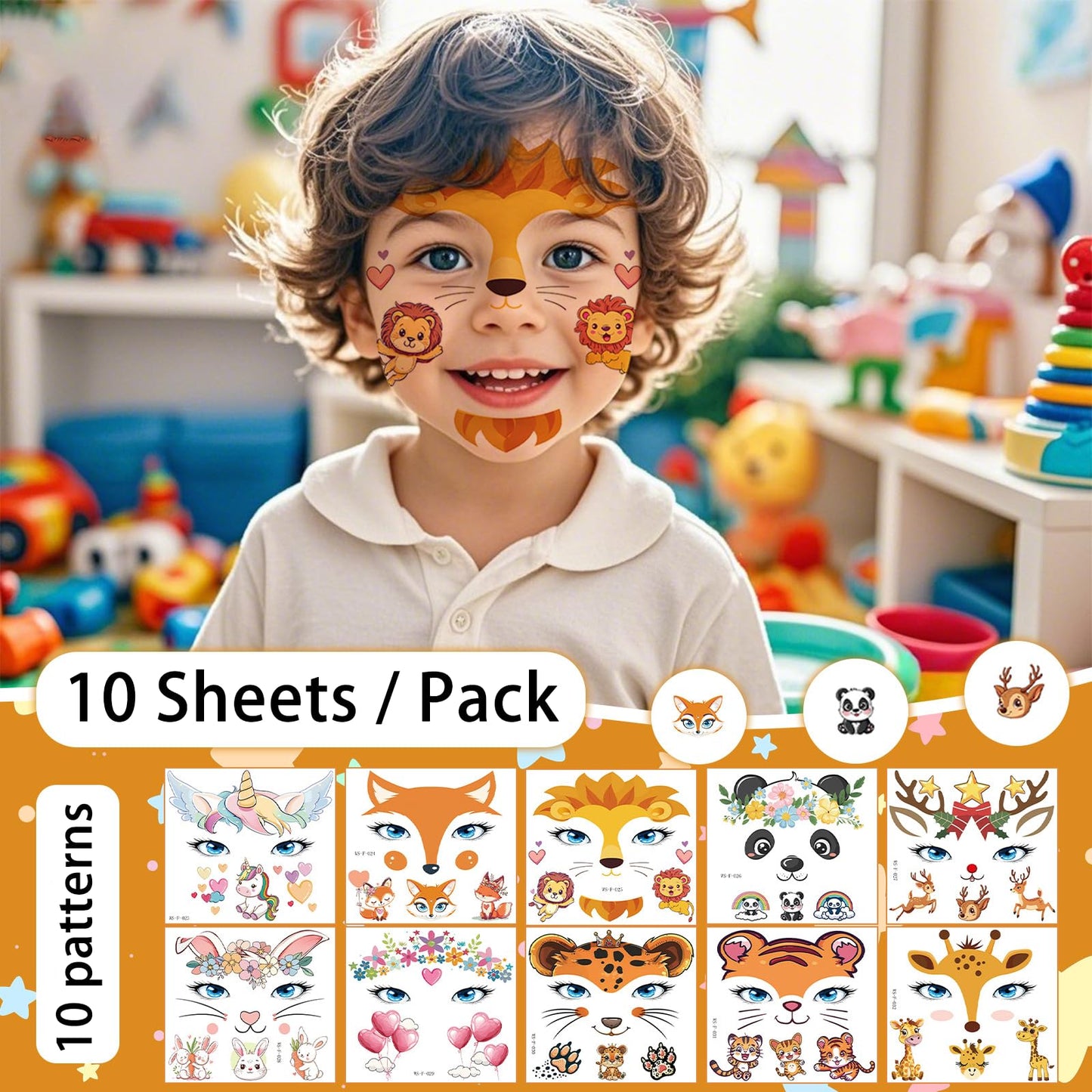 AmiCera Kids Tattoos, 10 Sheets Glitter Face Tattoos for Kids, Temporary Fake Tattoo for Party Festival Birthday, Quick Face Painting Makeup, Water Transfer, Safe & Long Lasting, Cute Animal Stickers