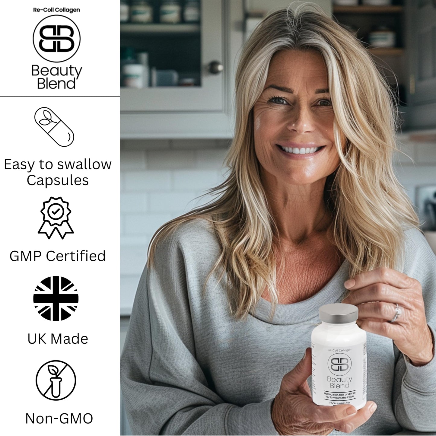 Re-Coll 1200mg Collagen Capsules - High Strength Supplement with Hyaluronic Acid - for Hair Skin & Nails - Contains Bovine & Marine Collagen for Women & Men (120 Count)