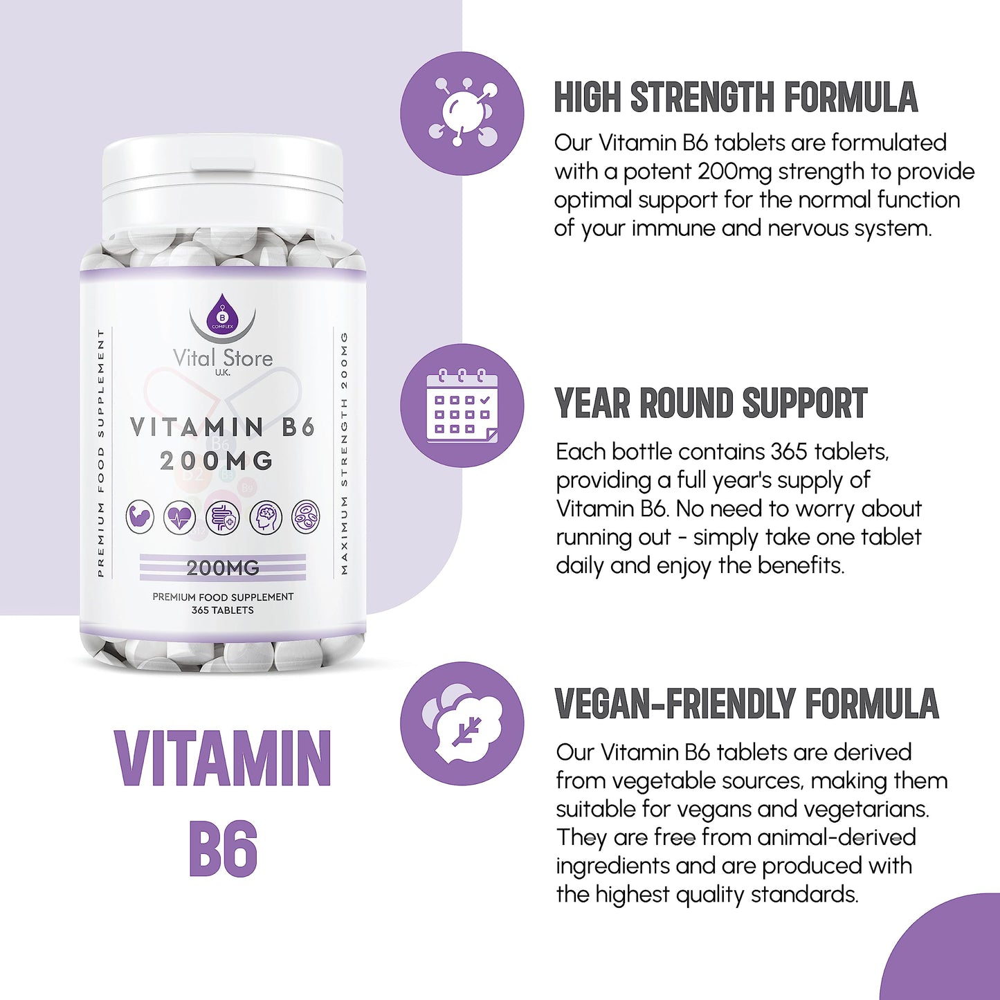Generic Vitamin B6 200 mg High Strength 365 Tablets Vegan Tablets 1 Year Supply – Gluten Free Supplements for Red Blood Cell Formation, Dietary Supplement for Your Immune and Nervous System