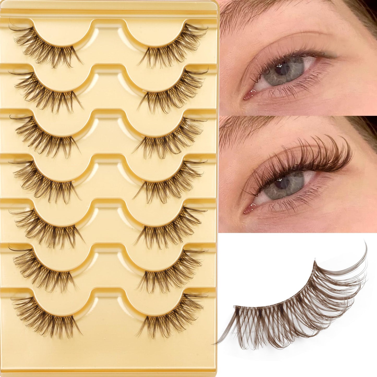 Half Lashes Brown Lash Strips Clear Band Eyelashes Natural Fake Eyelash Wispy False Lash Pack 8 Pair CC Curl Dark Brown Half Eyelashes 3/4 Corner Falsies