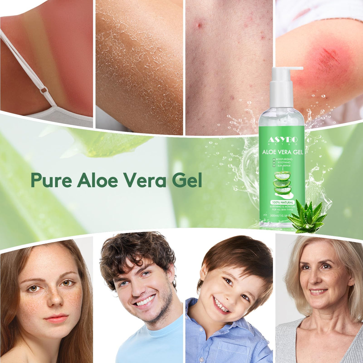 ASYBO 300 ml Aloe Vera Gel, 100% Natural Pure Aloe Vera Hydrating Facial Moisturizer, After Sun Care, Reduce Acne, Repair Scars, Suitable for All Skin Types