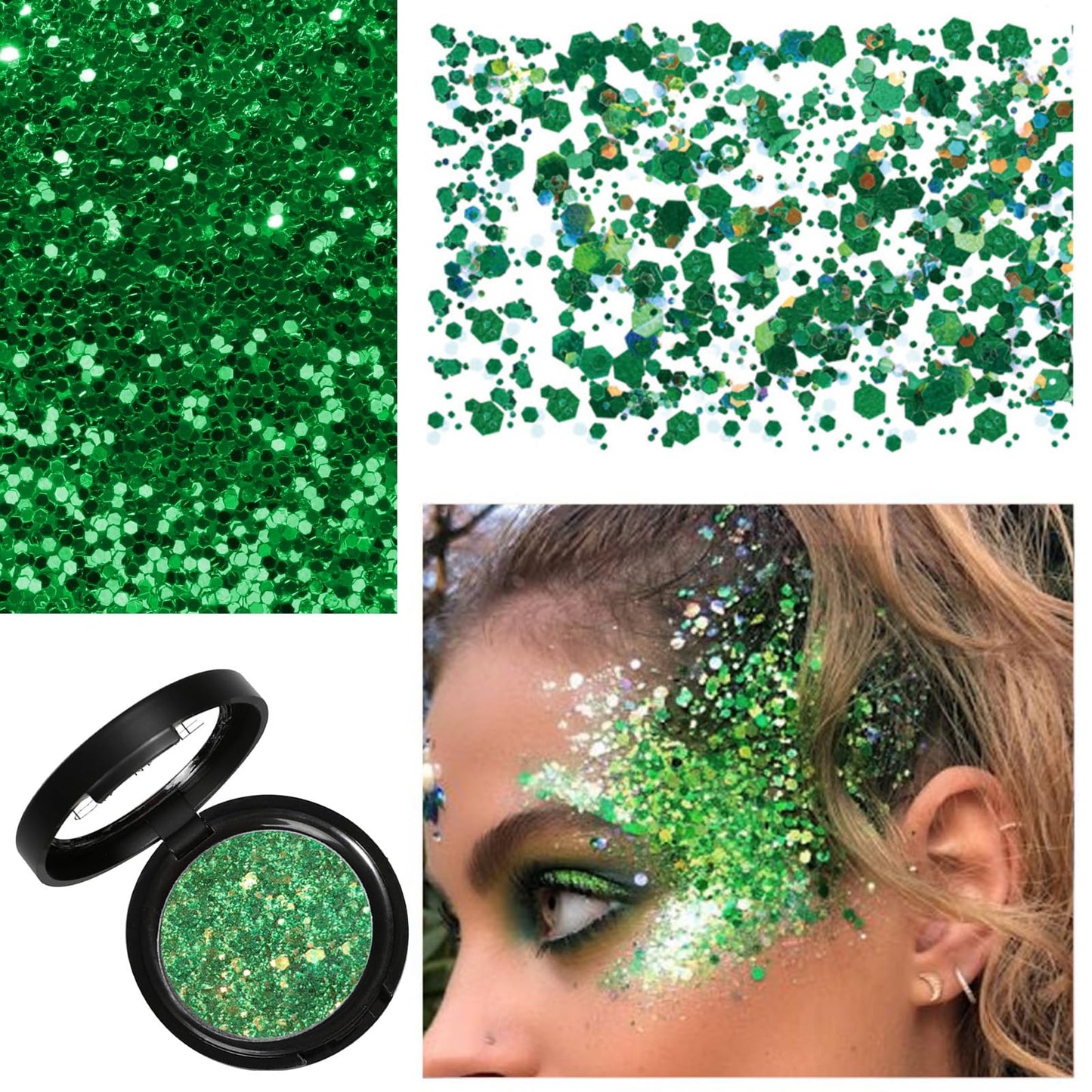 RUICHING Glitter Green Eyeshadow, Shimmer Single Eyeshadow, Bright Sparkly Eye Glitter Eye Make-Up, High Pigmented Long Lasting Colourful Metallic Smokey Christmas Eyeshadow Makeup for Women