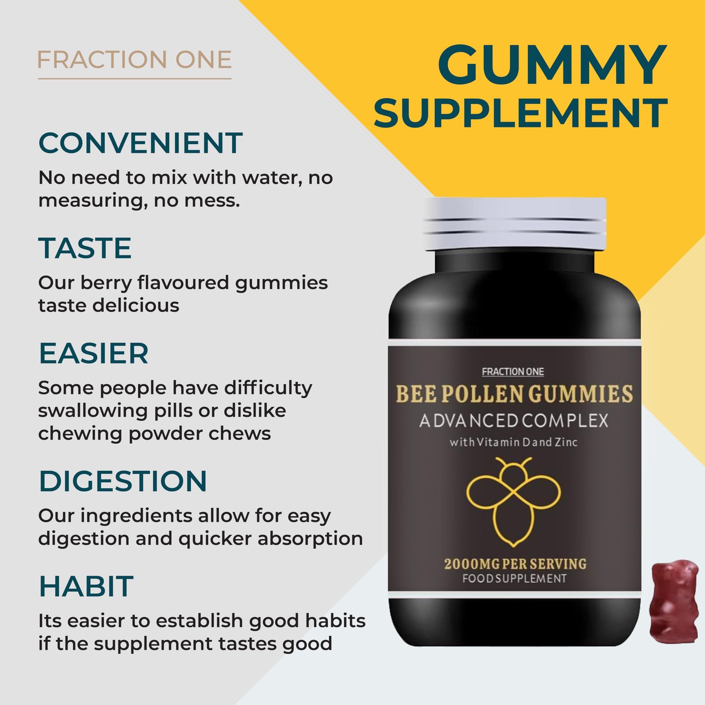 Fraction One Bee Pollen Gummies - 120 Gummies - 4 months Supply - 2000mg Bee Propolis with 100% NRV Vitamin D & Zinc per serving - Immune Boosting - Digestive Aid - Anti-inflammatory - Antiviral & Antibacterial