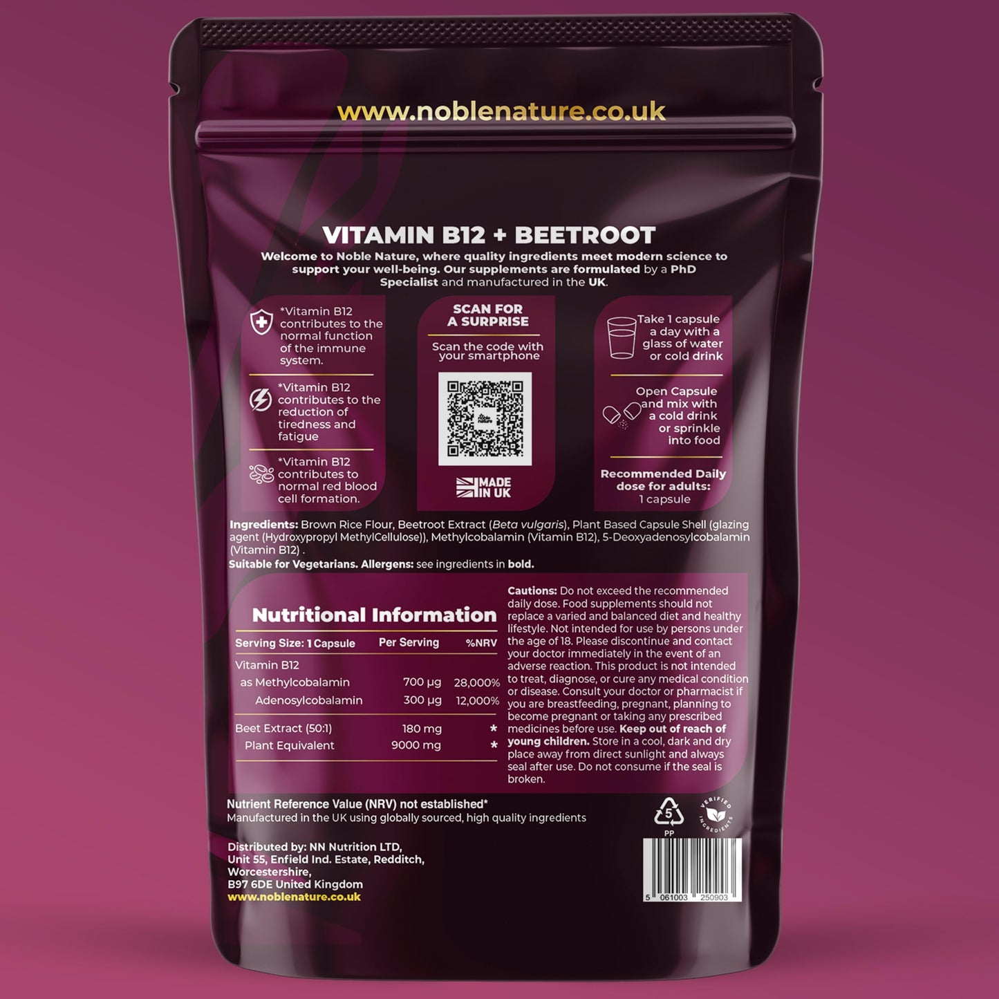 NobleNature Beetroot & Vitamin B12 Complex – 9000mg Beetroot + 1000mcg Dual B12 (Methylcobalamin & Adenosylcobalamin) – Energy & Immune Support – 90 Capsules – UK Made (90)