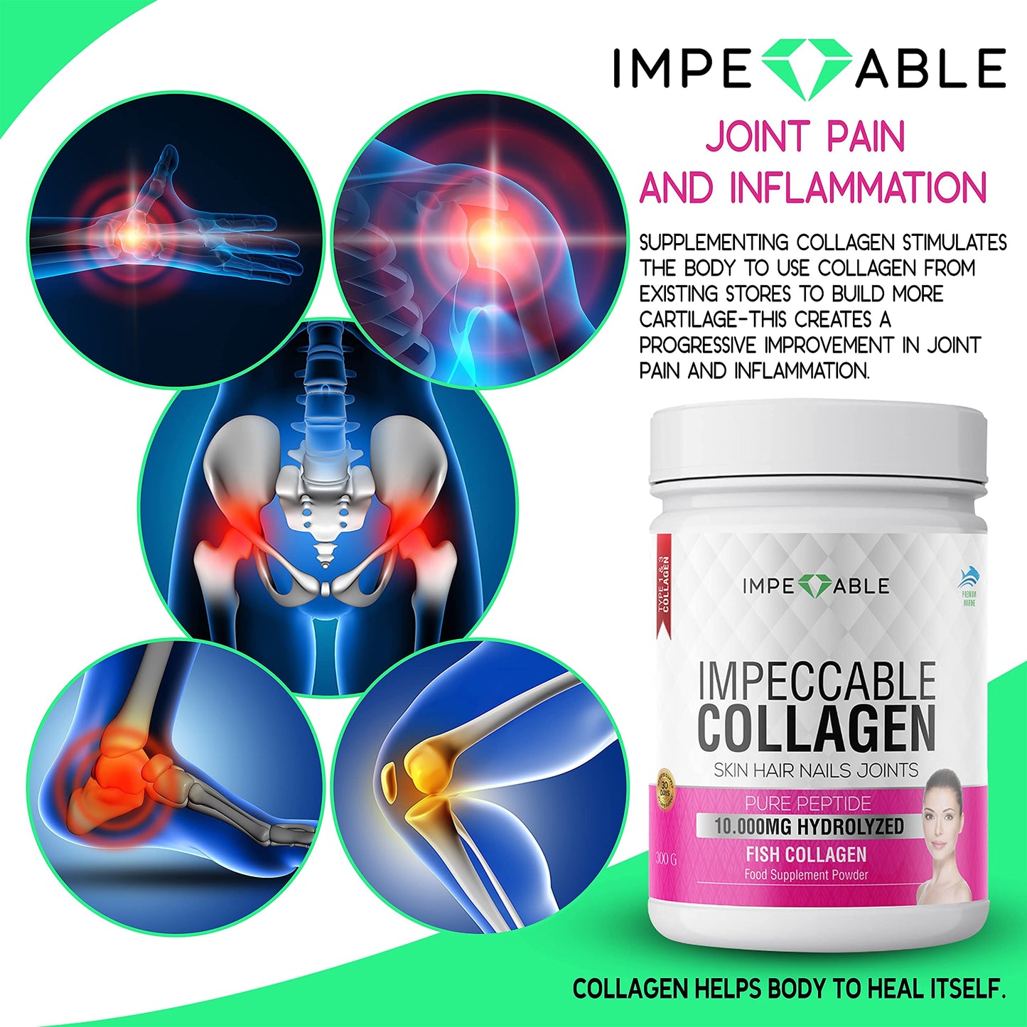 IMPECCABLE Collagen Premium 10.000 mg Pure peptide hydrolyzed Marine Collagen Powder| Nails & Skin|Healthy Joints |Hair Growth| Wild Caught| Supplements for Women and Man|300 gr 30 Days’ Supply