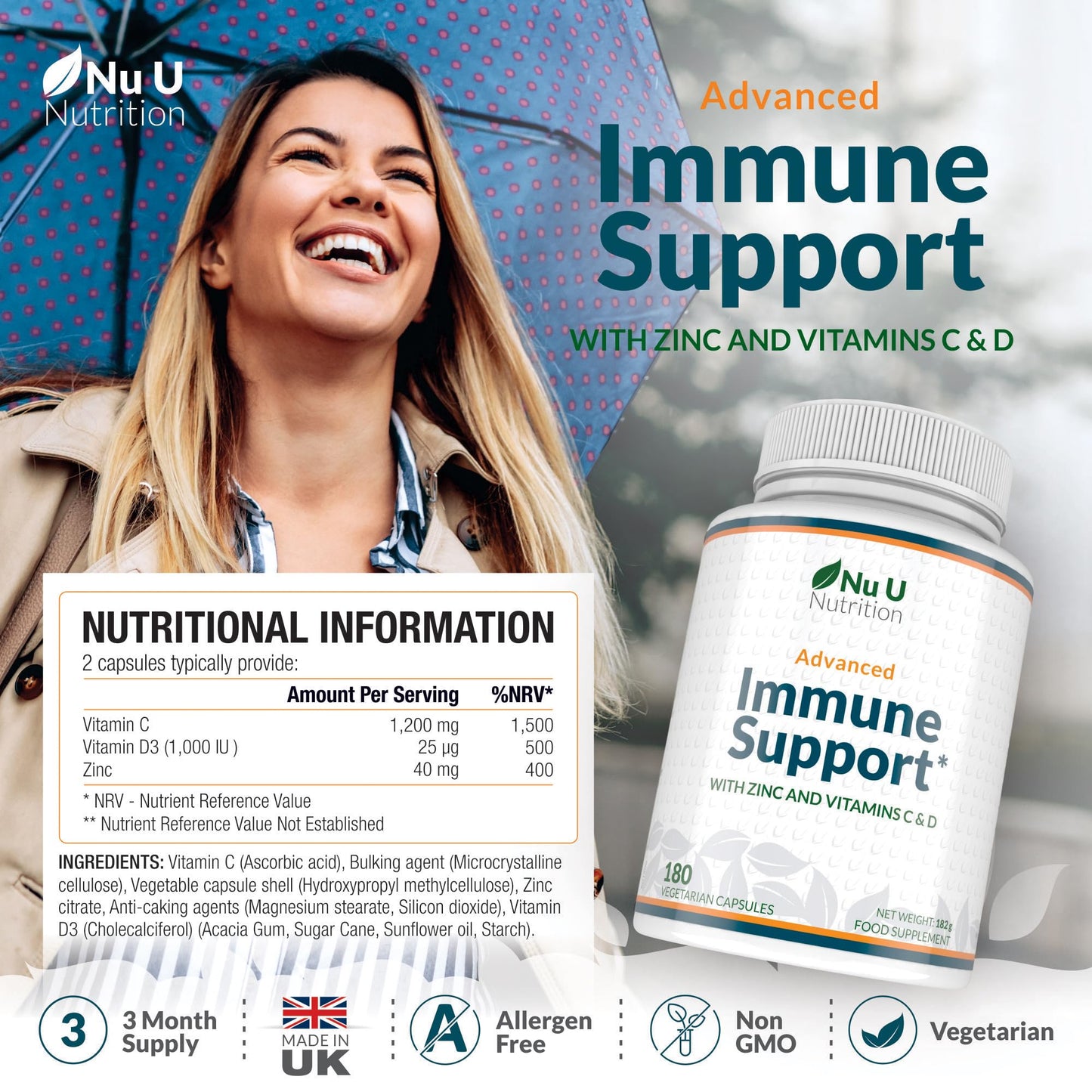 Immune Support - Vitamin C 1200mg and Zinc 40mg & Vitamin D3 1000IU - 180 Vegetarian Capsules - 3 Month Supply - Made in The UK by Nu U Nutrition