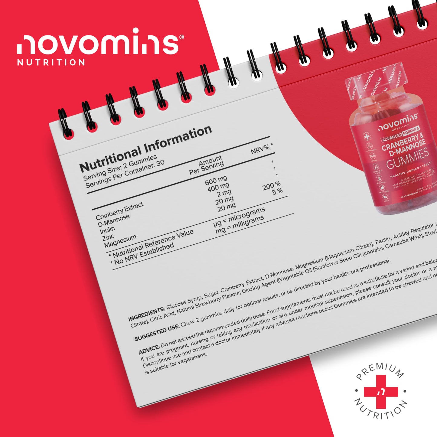 Novomins Cranberry & D Mannose Gummies - Cranberry Supplement for Urinary Tract Health and Better Bladder Control - With Zinc, Magnesium, and D-Mannose Powder - Vegan & Gluten-Free - 60 Inulin Gummies