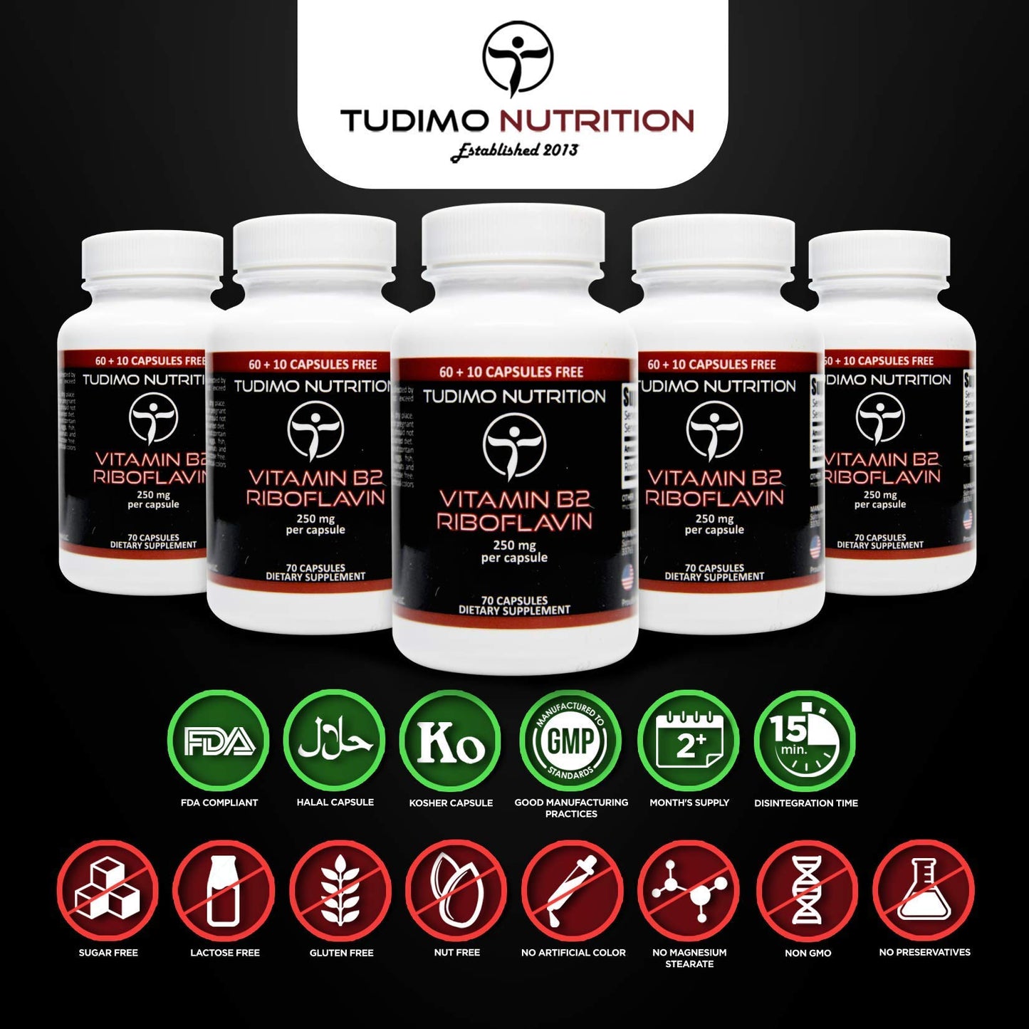 Vitamin B2 Riboflavin 250 mg Capsules - 70 pcs (2+ Month Supply) of Rapidly Disintegrating Capsules, Each with 250mg of Premium Quality & Pure Riboflavin Powder, by TUDIMO