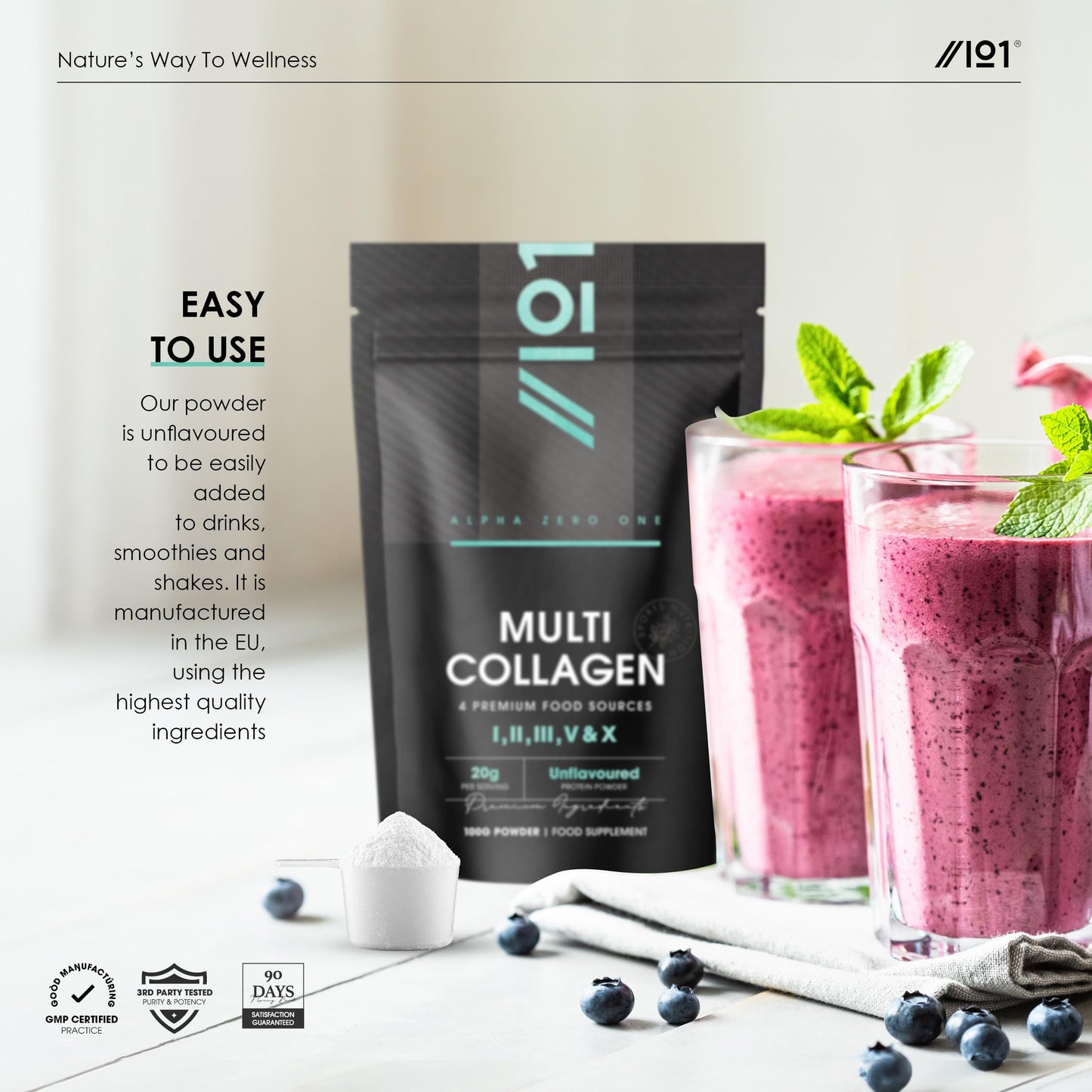 ALPHA01 Multi Collagen Protein Powder 100g - 5 Types of Food Sourced Collagen Peptides - Hydrolysed Grass Fed Bovine, Wild Caught Marine & Free-Range Chicken, Supports Joints, Skin and Nails