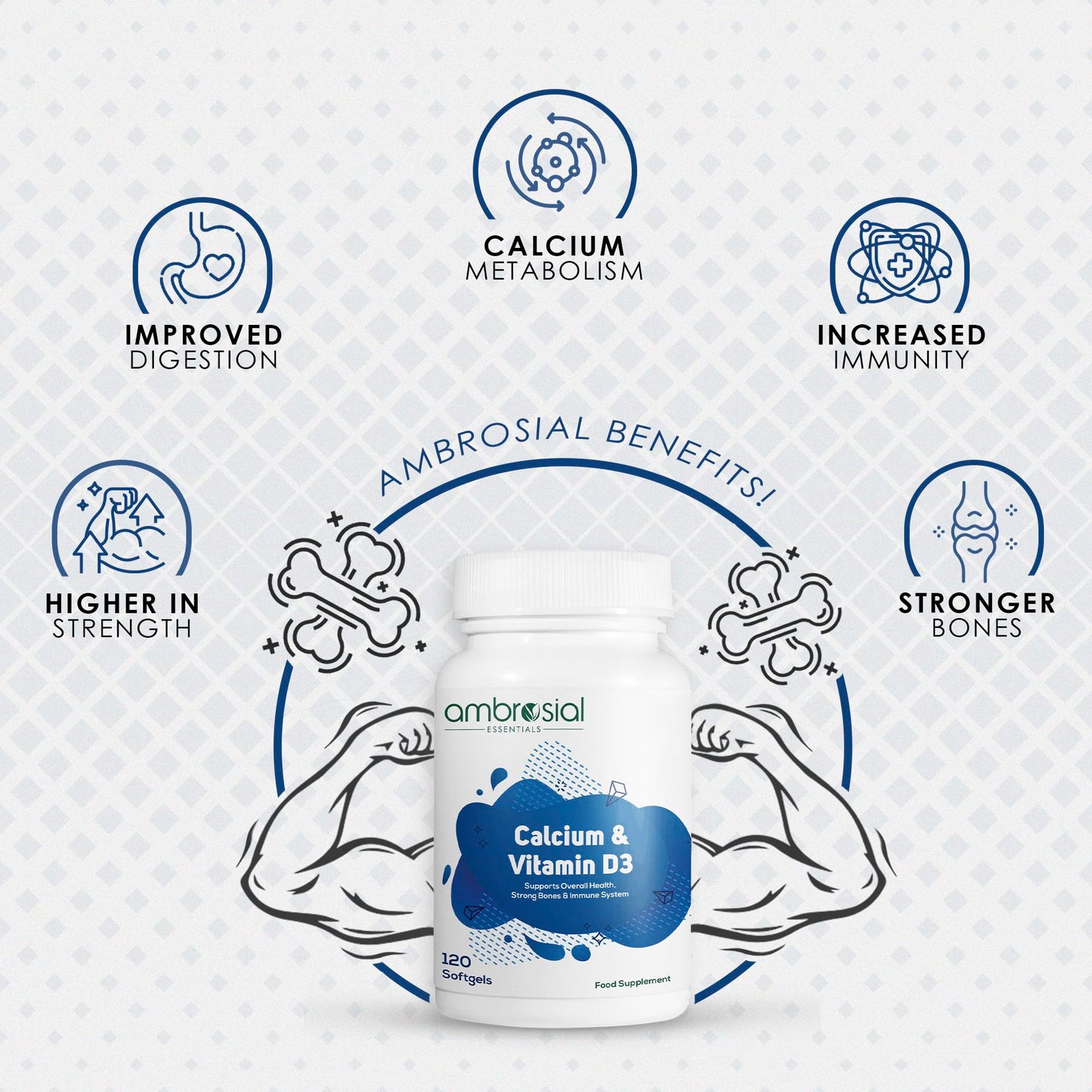 AMBROSIAL Ambrosial Calcium & Vitamin D Supplement, High Potency, High Strength Calcium, Vitamin D3, Gluten Free, Supports Bone Health, Muscles & Teeth, Pack of 1-120 Softgels