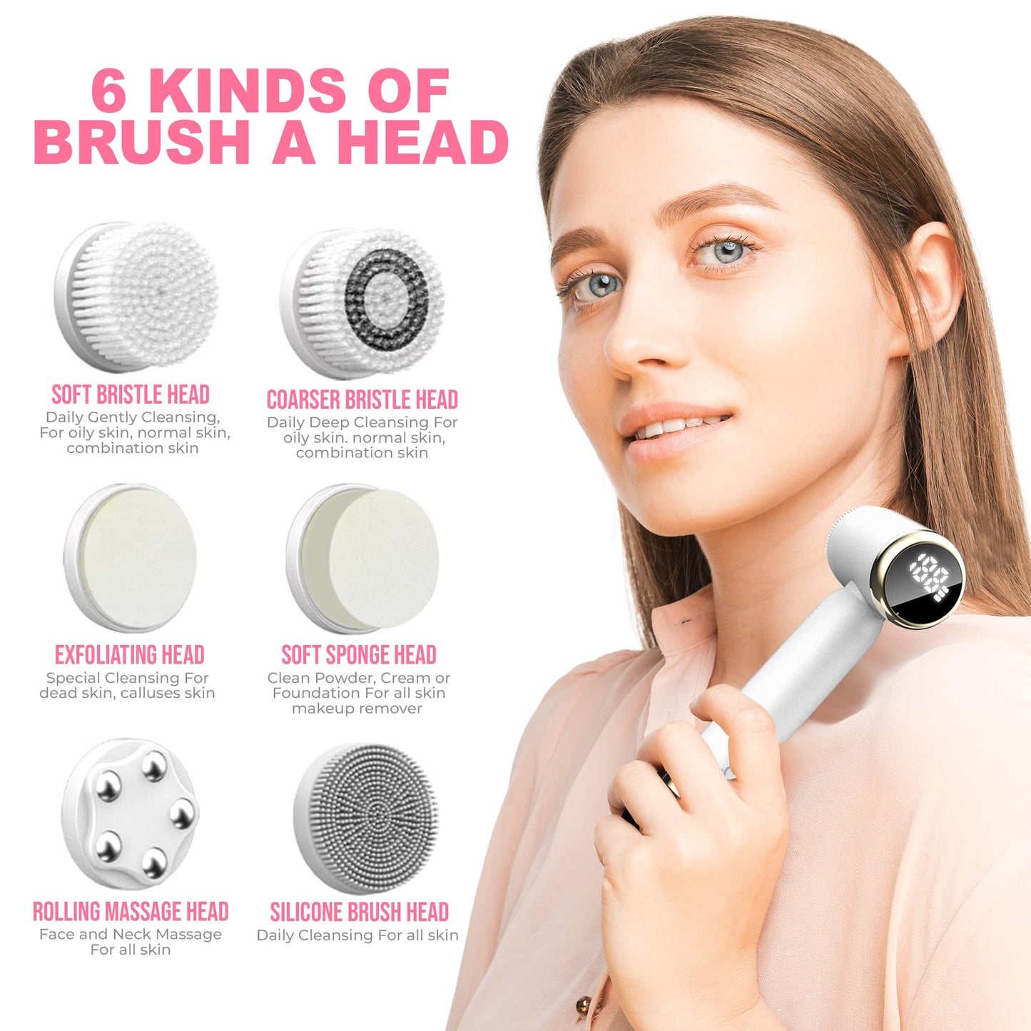 SwanSki Facial Cleansing Brush - Electric Spin Scrubber with 3 Exfoliating Brush Heads - 3 Speed Levels, LCD Display - Waterproof Facial Brush - Rechargeable Facial Cleanser - Face Scrubber (White)
