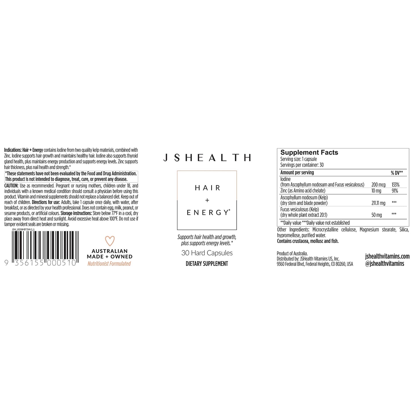 JSHealth Vitamins Hair and Energy Formula Hair Growth Vitamins | Hair Vitamins for Women and Men | Zinc and Iodine Hair Supplements for Hair Growth | Hair Loss Supplements | (30 Capsules)