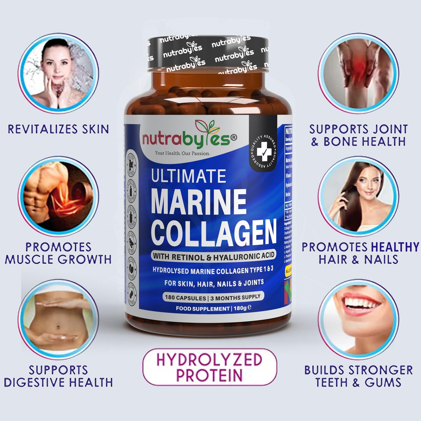 NUTRABYTES Marine Collagen Capsules with Hyaluronic Acid and Vitamin C 1200mg | 180 Capsules - 3 Months Supply | Hydrolysed Marine Collagen Supplement for Women and Men | Hair Skin Nails Joints | Made in UK