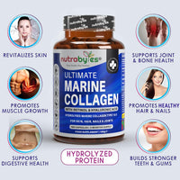 NUTRABYTES Marine Collagen Capsules with Hyaluronic Acid and Vitamin C 1200mg | 180 Capsules - 3 Months Supply | Hydrolysed Marine Collagen Supplement for Women and Men | Hair Skin Nails Joints | Made in UK