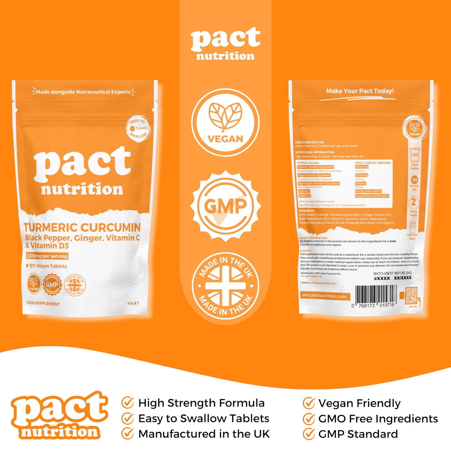 Turmeric Tablets 2000mg with Black Pepper, Ginger, Curcumin (95% Curcuminoids), Vitamin D3 & Vitamin C - Herbal Vegan Supplement - 120 Easy to Swallow Pills - Made in The UK - Pact Nutrition